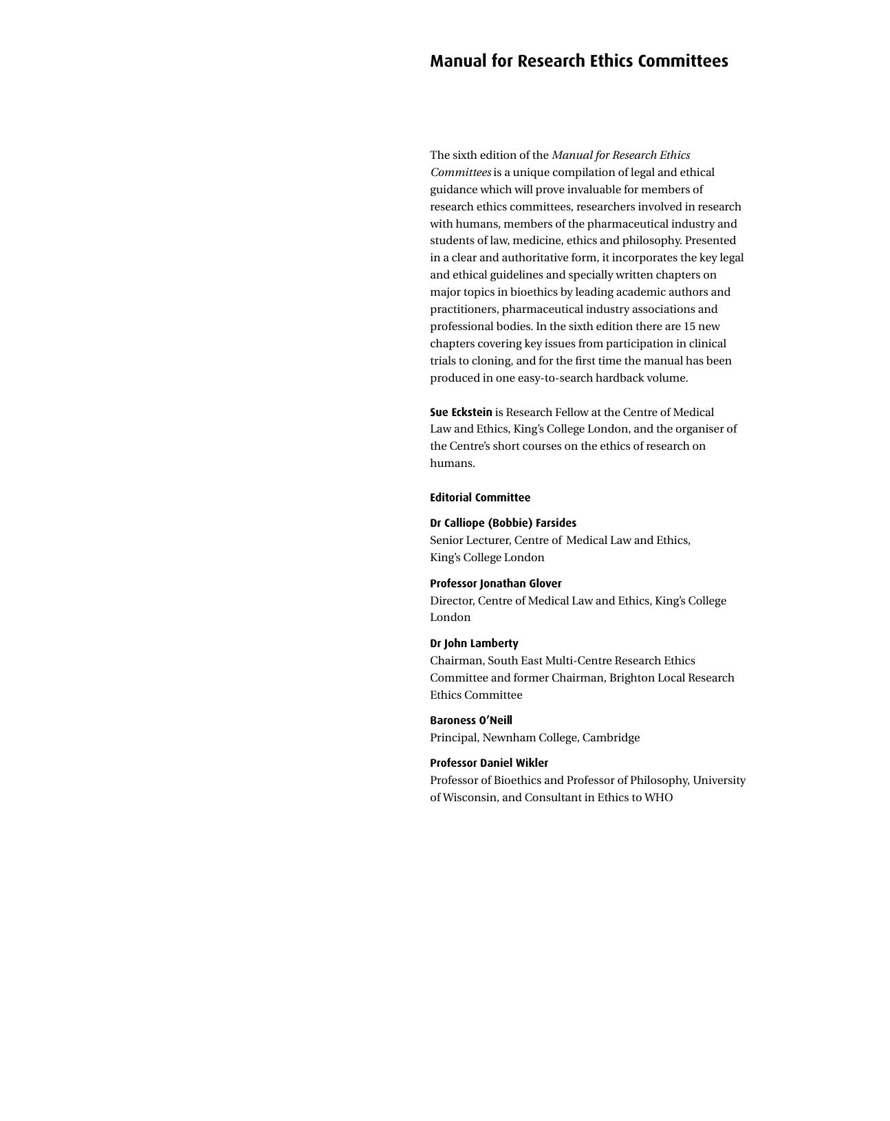 Manual for Research Ethics Committees: Centre of Medical Law and Ethics, King's College London by Sue Eckstein