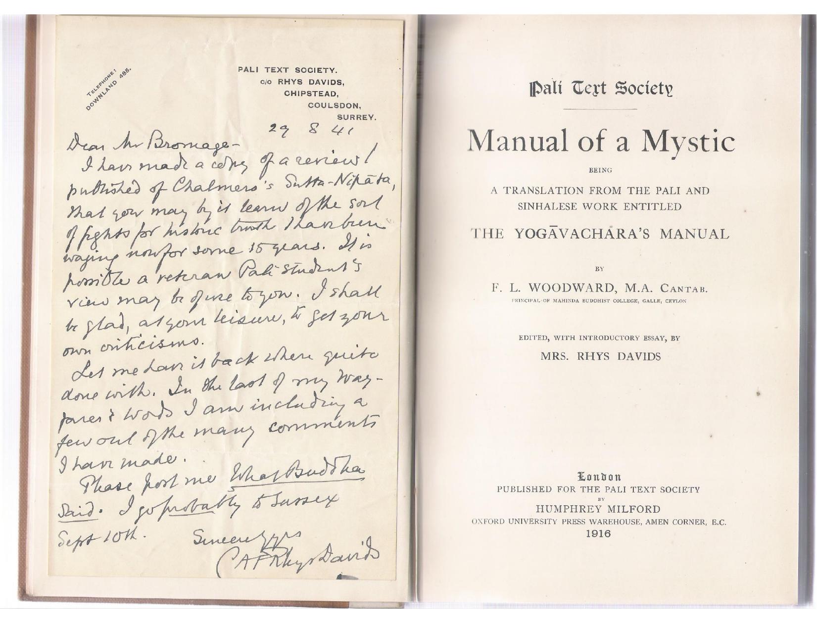 Manual of a Mystic, being a Translation from the Pali and Sinhalese Work Entitled The Yogavachara's Manual by Davids Rh. (Ed.)