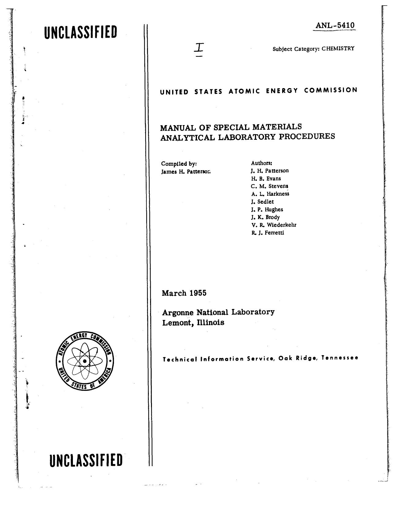 Manual of special materials analytical laboratory procedures by James H Patterson; Argonne National Laboratory