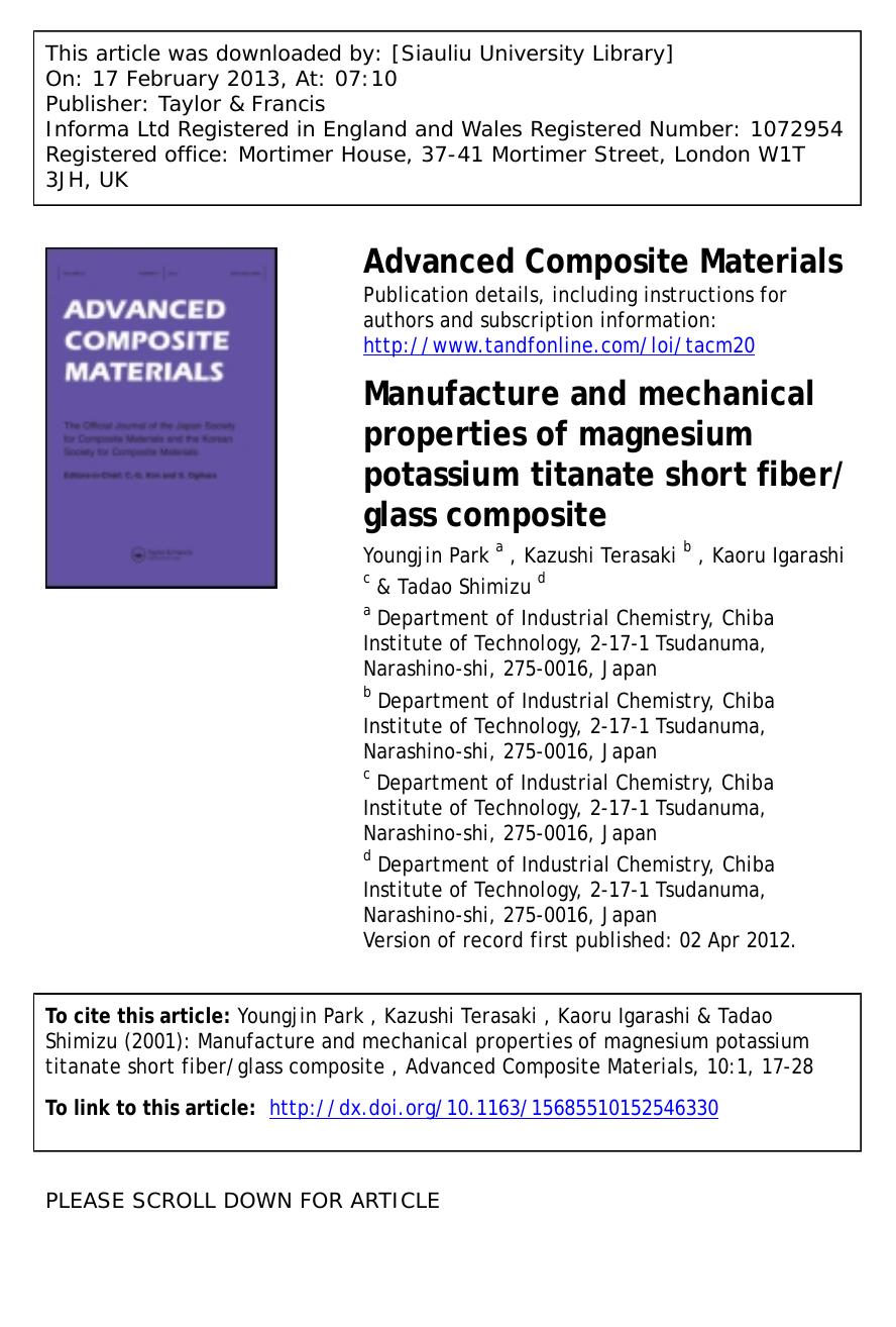 Manufacture and mechanical properties of magnesium potassium titanate short fiberglass composite by Youngjin Park Kazushi Terasaki Kaoru Igarashi & Tadao Shimizu