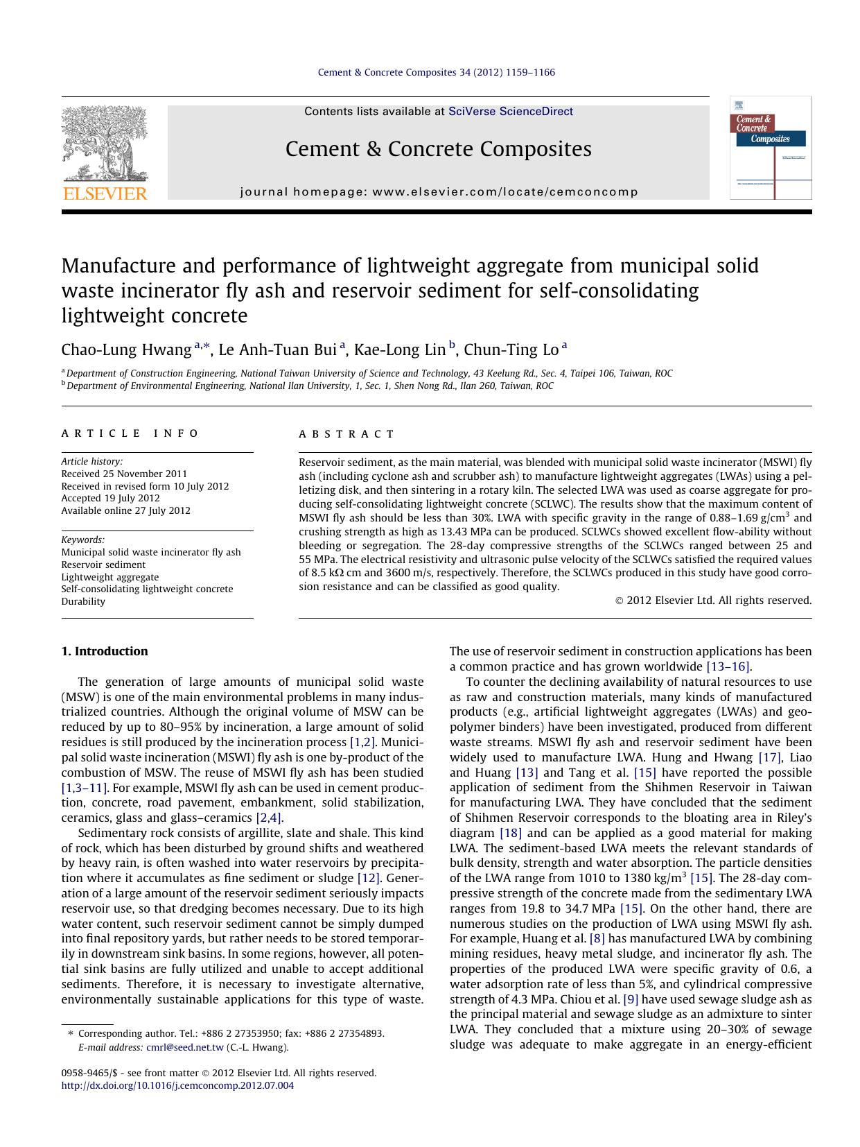 Manufacture and performance of lightweight aggregate from municipal solid waste incinerator fly ash and reservoir sediment for self-consolidating lightweight concrete by Chao-Lung Hwang & Le Anh-Tuan Bui & Kae-Long Lin & Chun-Ting Lo