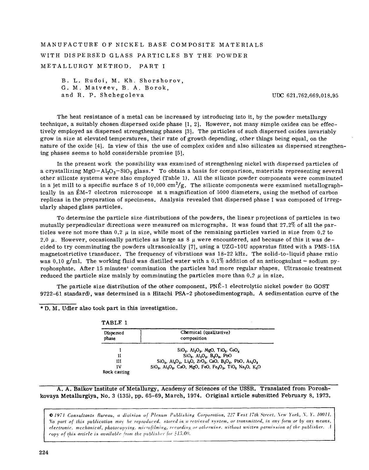 Manufacture of nickel base composite materials with dispersed glass particles by the powder metallurgy method. Part I by Unknown