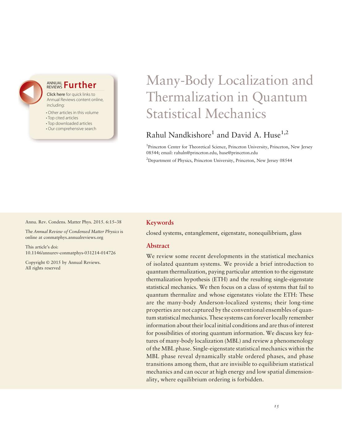 Many-Body Localization and Thermalization in Quantum Statistical Mechanics by Rahul Nandkishore and David A. Huse
