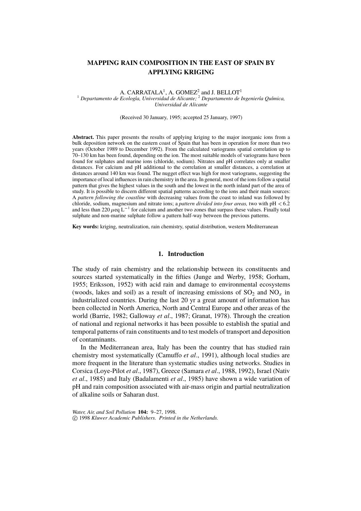 Mapping Rain Composition in the East of Spain by Applying Kriging by Unknown
