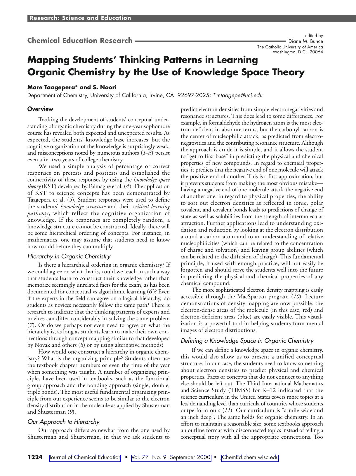 Mapping Students' Thinking Patterns in Learning Organic Chemistry by the Use of Knowledge Space Theory by Mare Taagepera & S. Noori