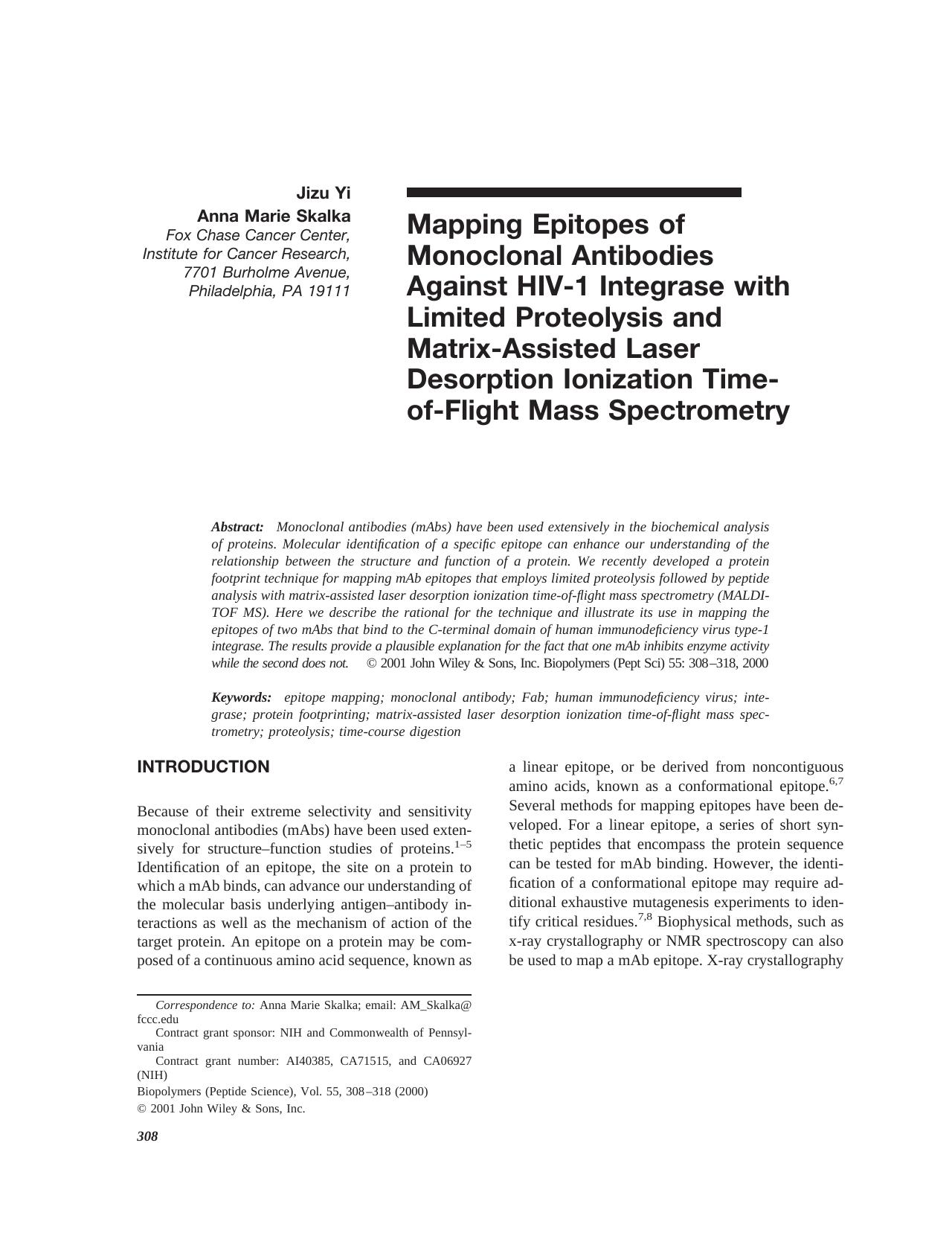Mapping epitopes of monoclonal antibodies against HIV-1 integrase with limited proteolysis and matrix-assisted laser desorption ionization time-of-flight mass spectrometry by Unknown
