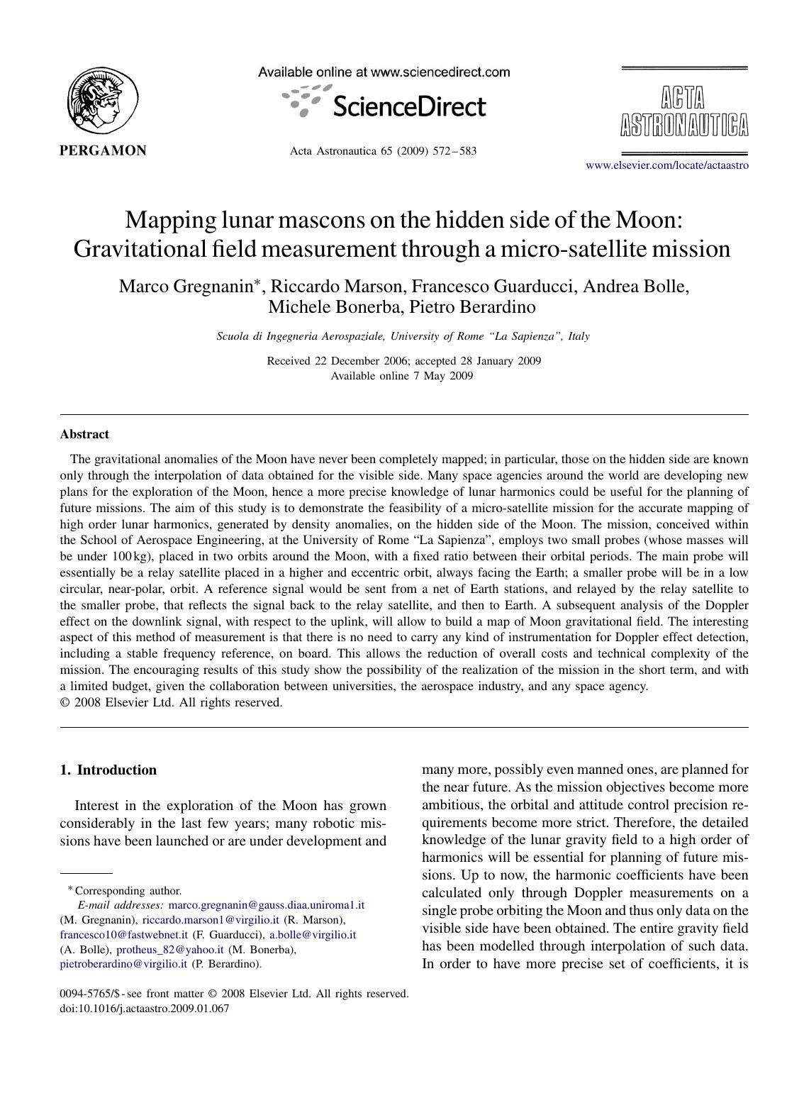Mapping lunar mascons on the hidden side of the Moon Gravitational field measurement through a micro-satellite mission by unknow