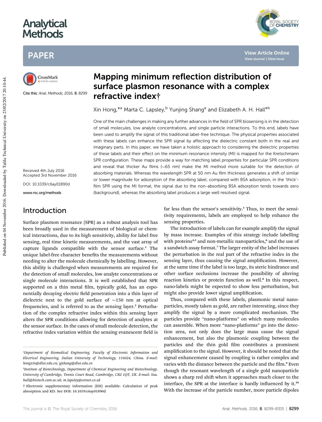 Mapping minimum reflection distribution of surface plasmon resonance with a complex refractive index by Xin Hong & Marta C. Lapsley & Yunjing Shang & Elizabeth A. H. Hall
