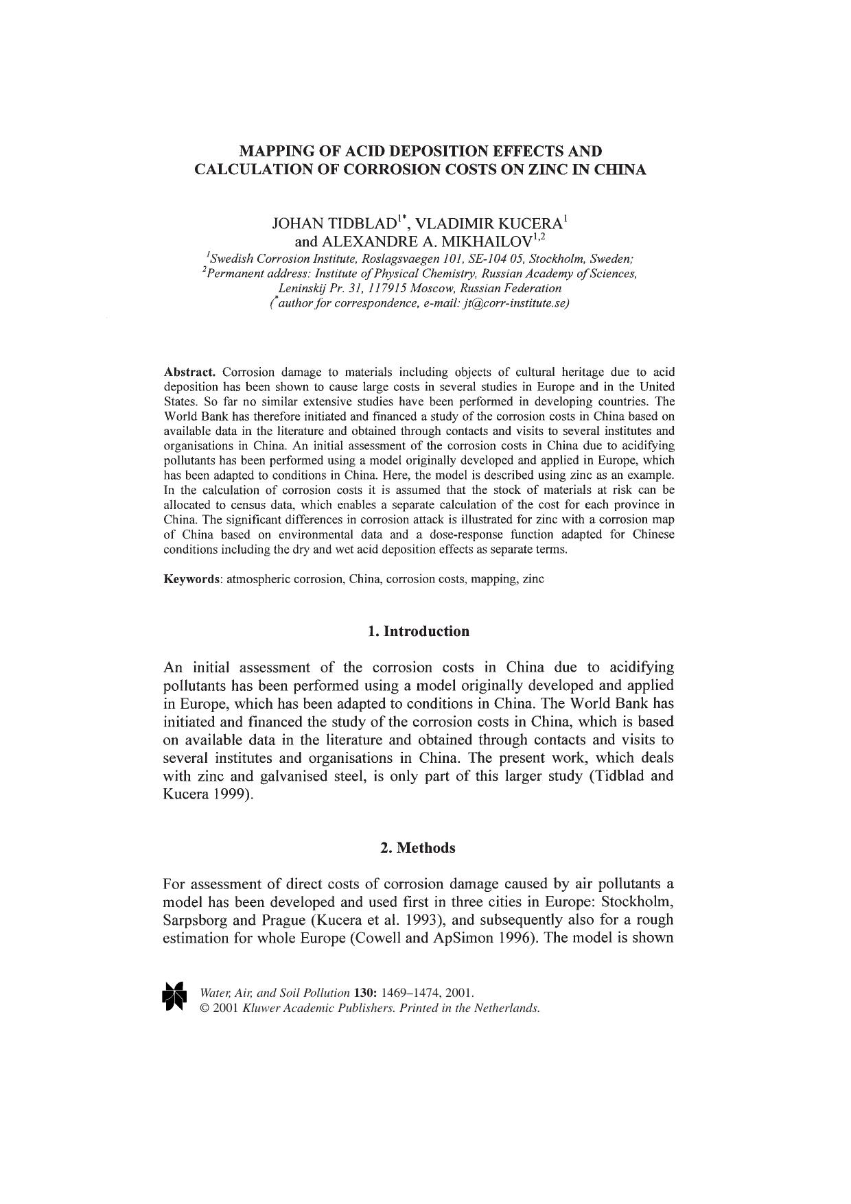 Mapping of Acid Deposition Effects and Calculation of Corrosion Costs on Zinc in China by Unknown