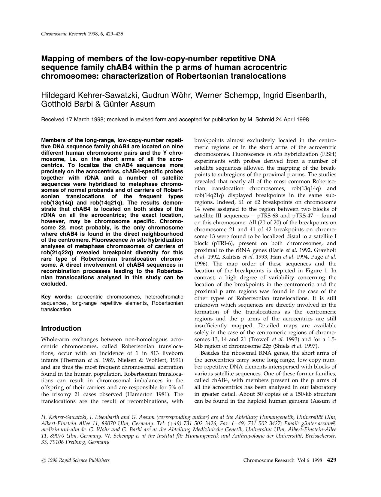Mapping of Members of the Low-copy-number Repetitive DNA Sequence Family chAB4 within the p Arms of Human Acrocentric Chromosomes: Characterization of Robertsonian Translocations by Unknown