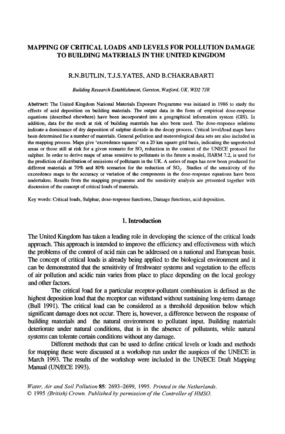 Mapping of critical loads and levels for pollution damage to building materials in the United Kingdom by Unknown