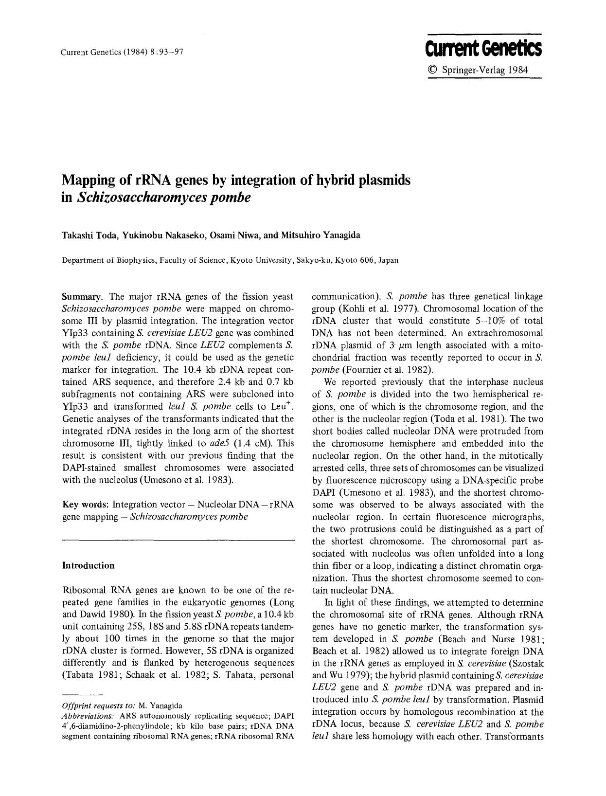 Mapping of rRNA genes by integration of hybrid plasmids in <Emphasis Type="Italic">Schizosaccharomyces pombe<Emphasis> by Unknown