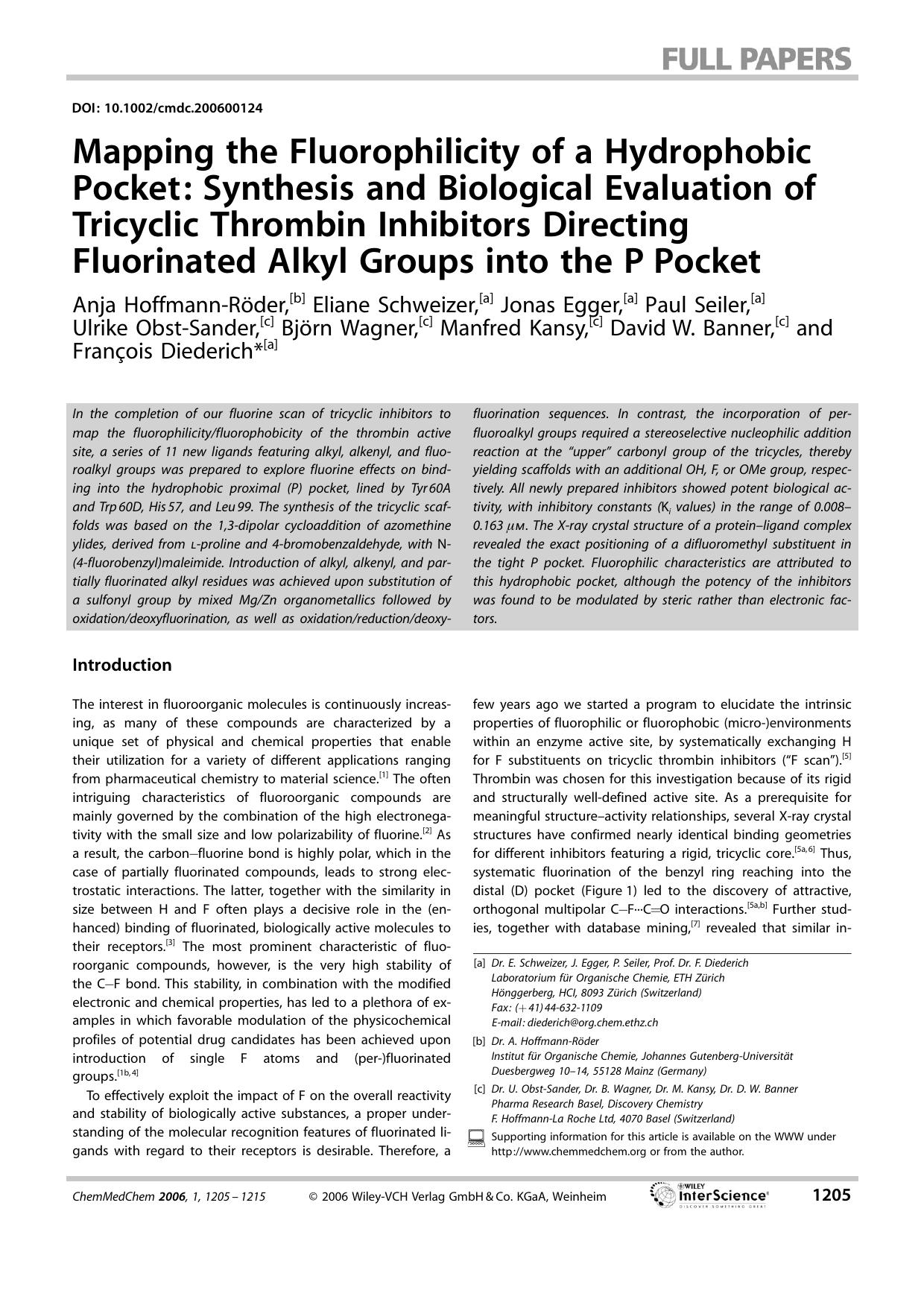 Mapping the Fluorophilicity of a Hydrophobic Pocket: Synthesis and Biological Evaluation of Tricyclic Thrombin Inhibitors Directing Fluorinated Alkyl Groups into the P[emsp14]Pocket by Unknown