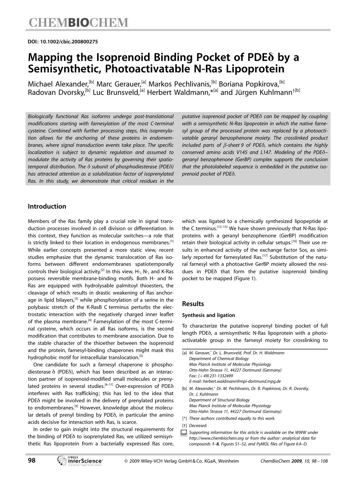 Mapping the Isoprenoid Binding Pocket of PDE[delta] by a Semisynthetic, Photoactivatable N-Ras Lipoprotein by Unknown