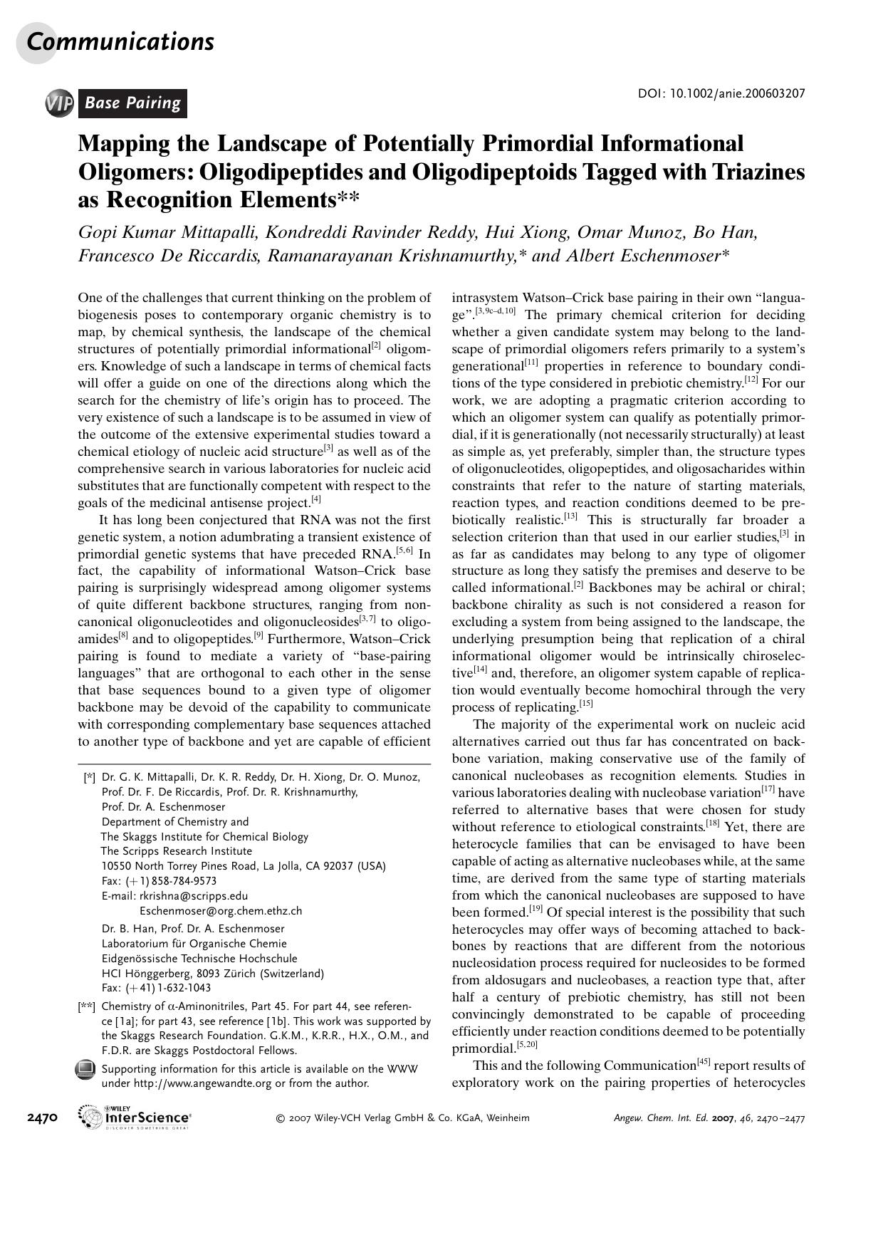 Mapping the Landscape of Potentially Primordial Informational Oligomers: Oligodipeptides and Oligodipeptoids Tagged with Triazines as Recognition Elements by Unknown