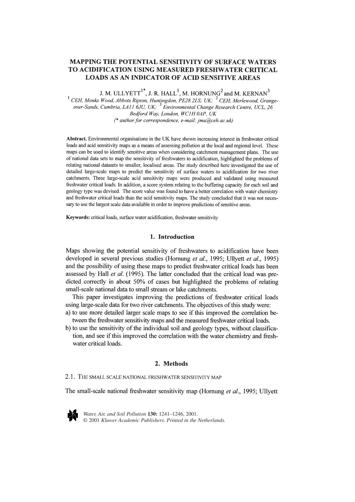 Mapping the Potential Sensitivity of Surface Waters to Acidification Using Measured Freshwater Critical Loads as an Indicator of Acid Sensitive Areas by Unknown