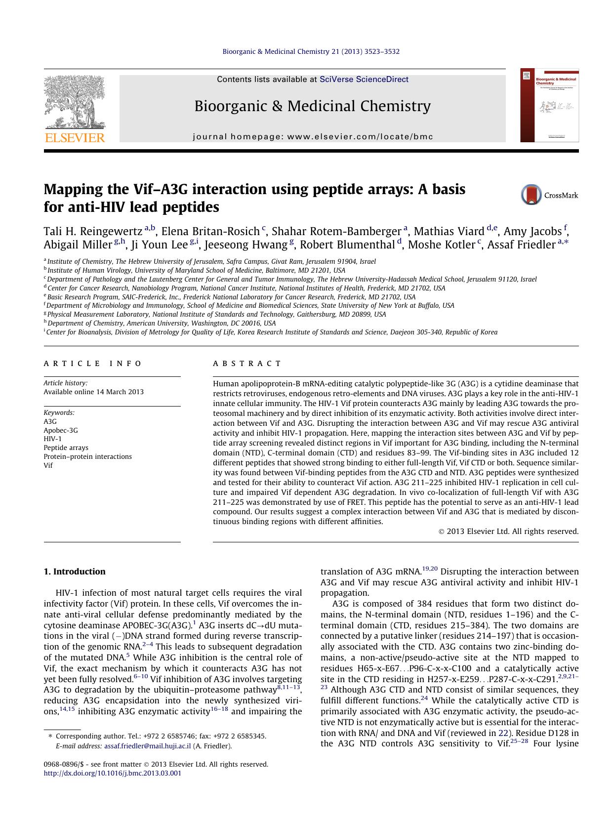 Mapping the VifâA3G interaction using peptide arrays: A basis for anti-HIV lead peptides by unknow