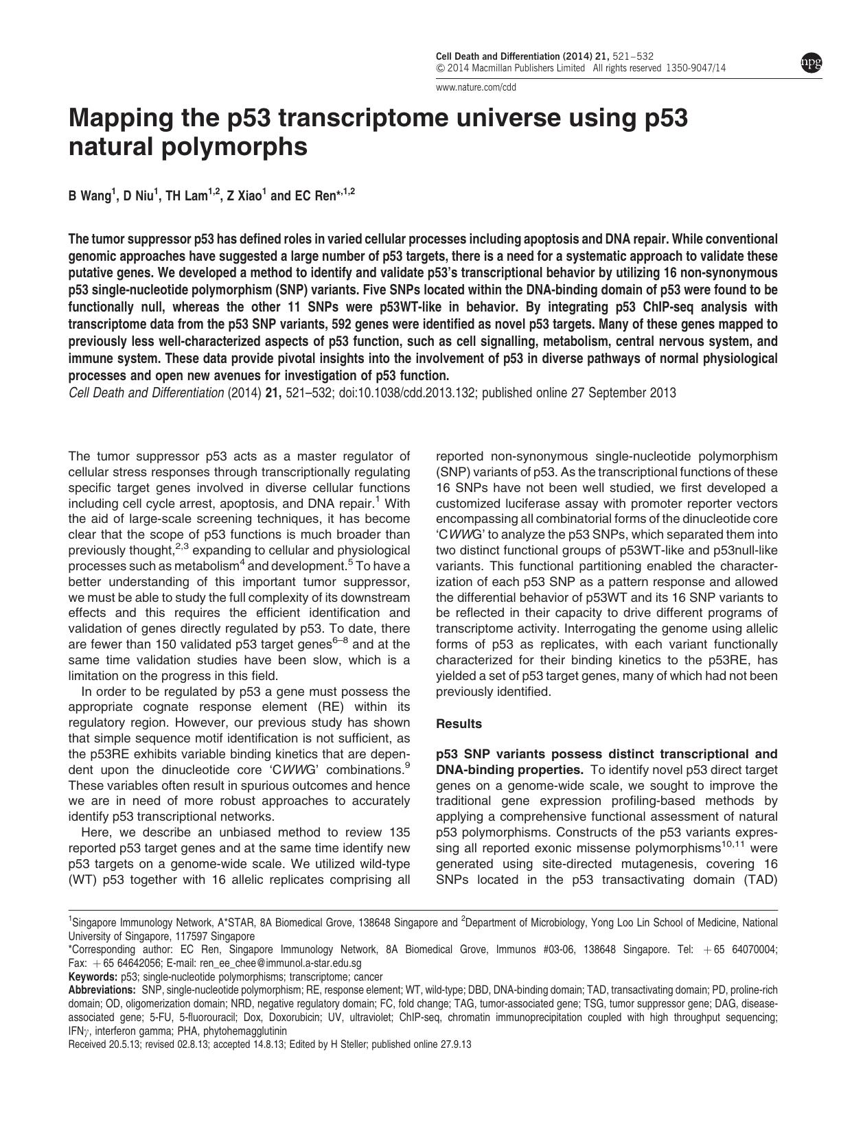 Mapping the p53 transcriptome universe using p53 natural polymorphs by B Wang & D Niu & T H Lam & Z Xiao & E C Ren &