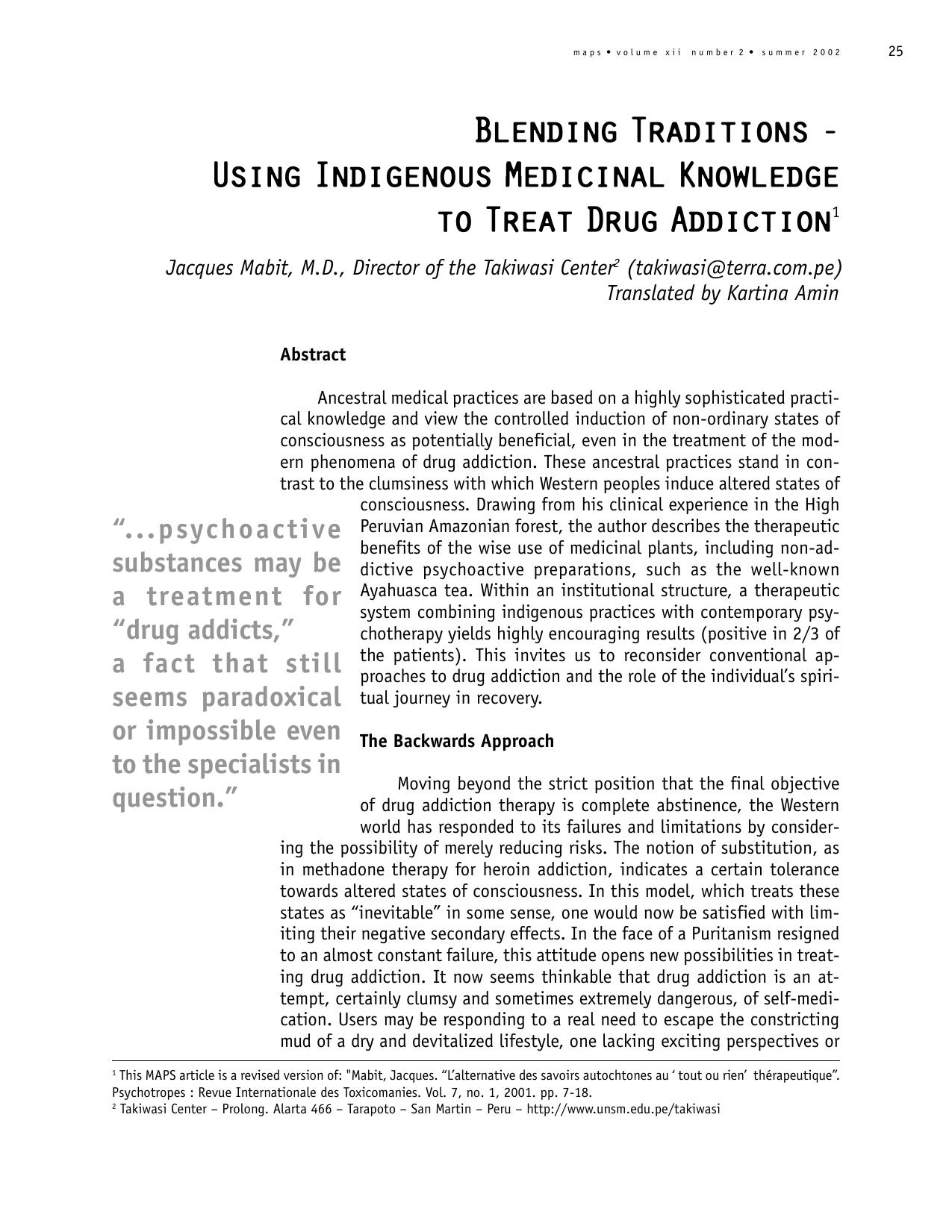 Maps Dot Org - Blending Traditions by Using Indigenous Medicinal Knowledge To Treat Drug Addiction