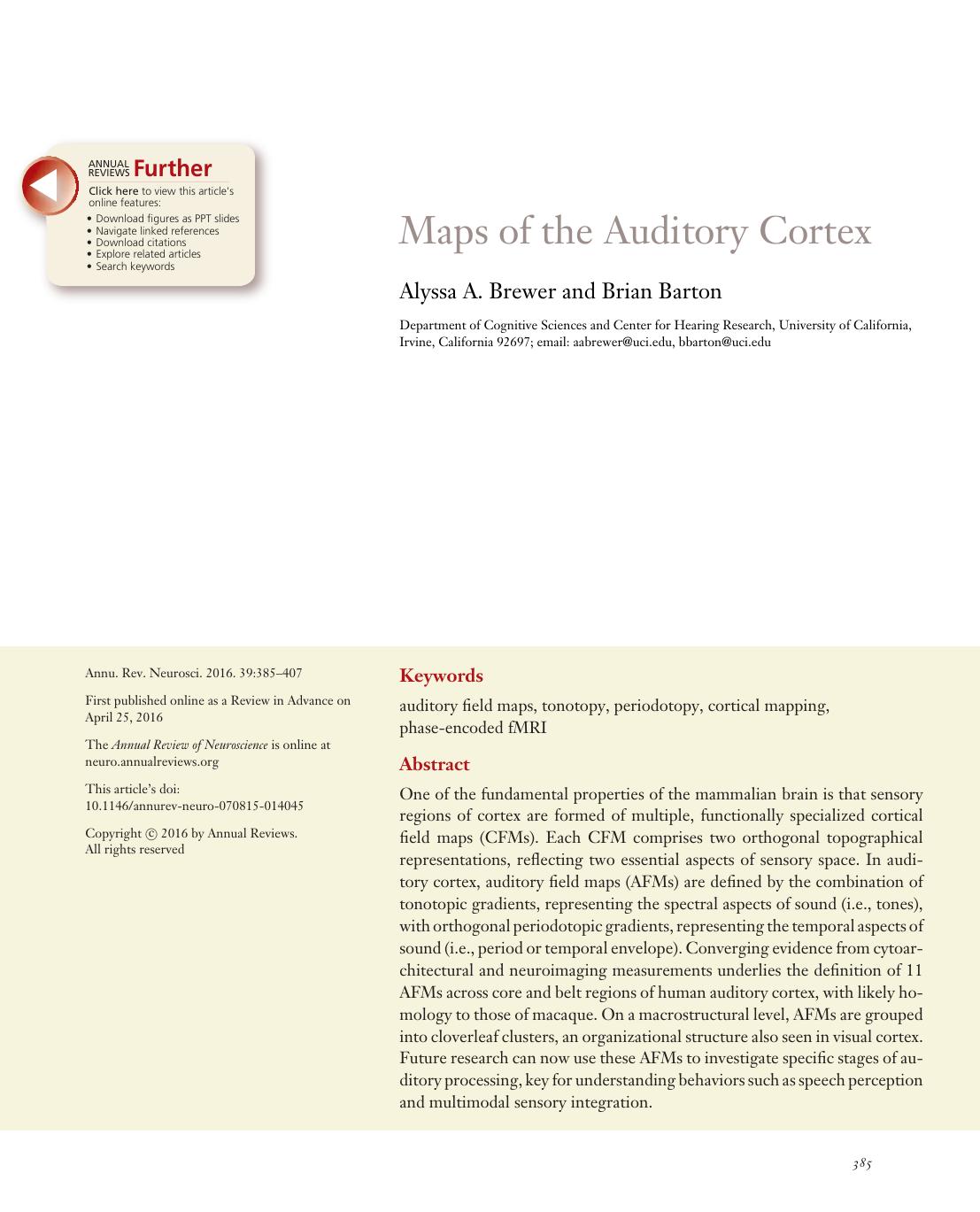 Maps of the Auditory Cortex by Alyssa A. Brewer and Brian Barton
