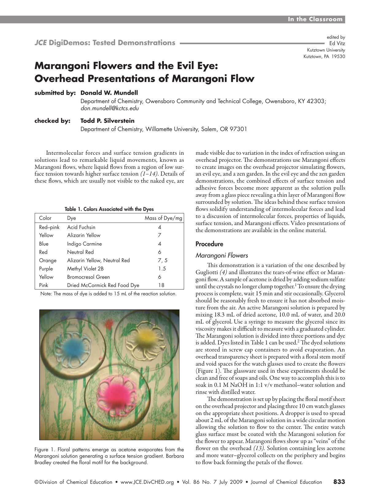 Marangoni Flowers and the Evil Eye: Overhead Presentations of Marangoni Flow by Donald W. Mundell