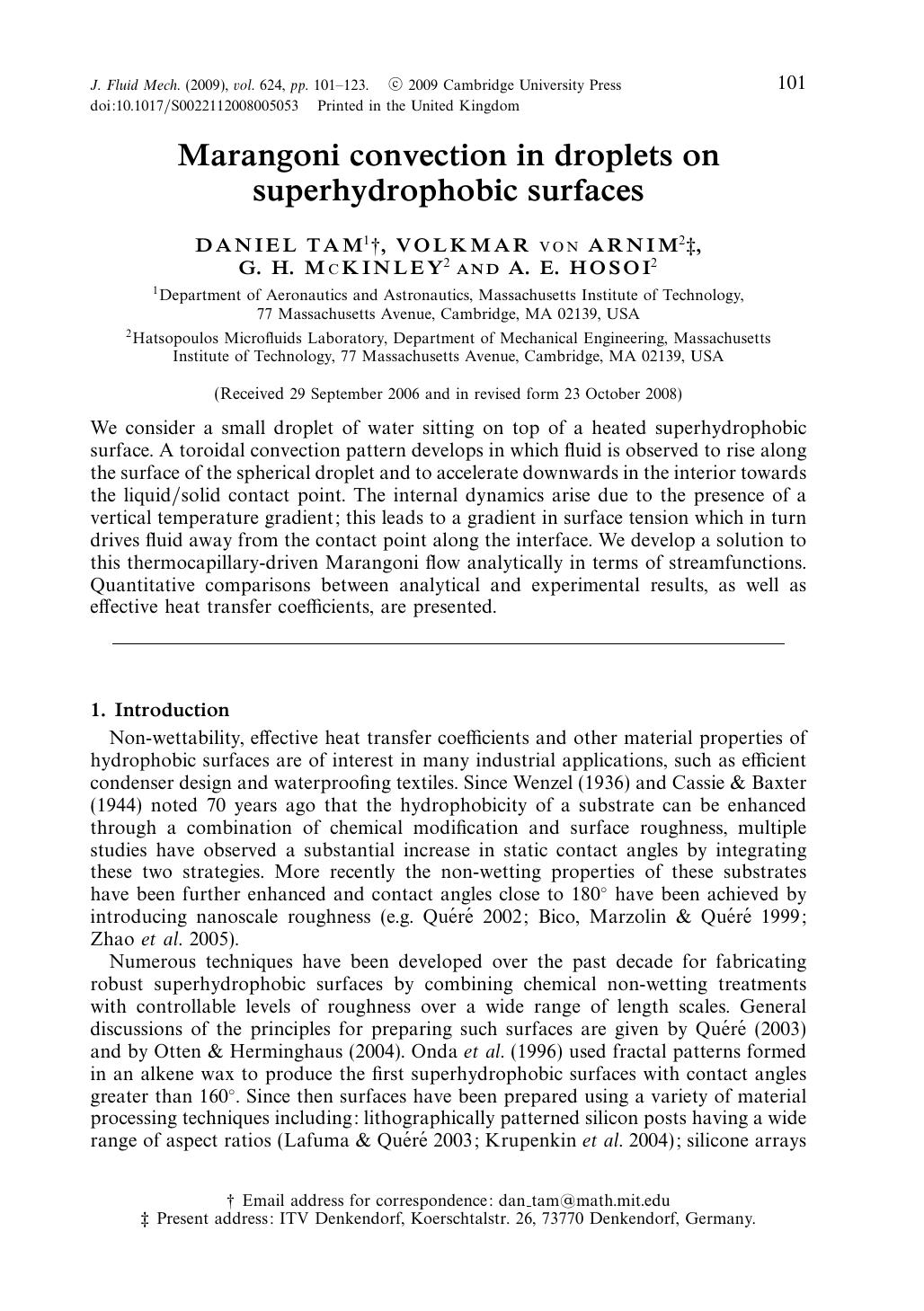 Marangoni convection in droplets on superhydrophobic surfaces by DANIEL TAM VOLKMAR von ARNIM G. H. McKINLEY A. E. HOSOI