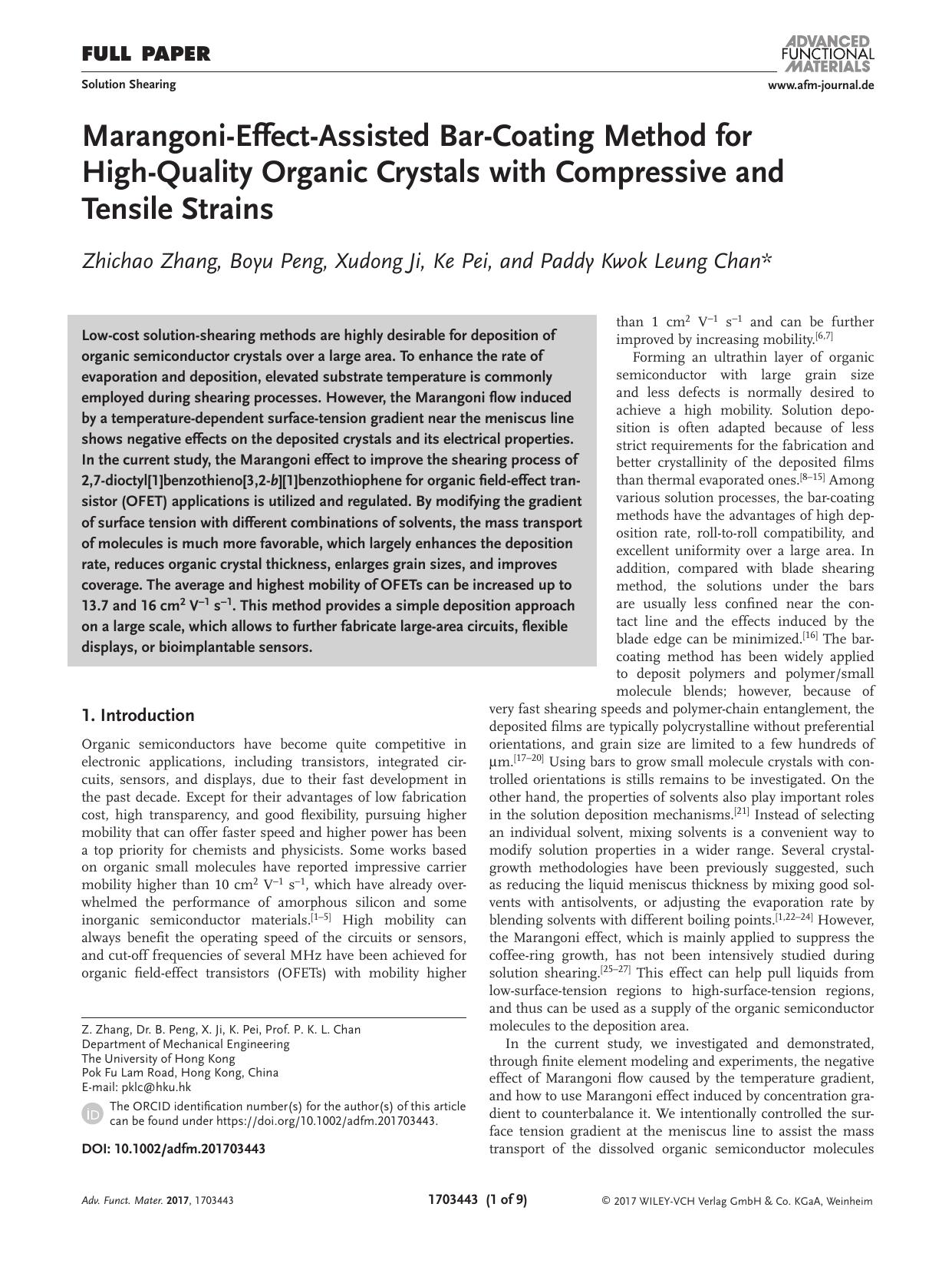 Marangoni‐Effect‐Assisted Bar‐Coating Method for High‐Quality Organic Crystals with Compressive and Tensile Strains by Unknown