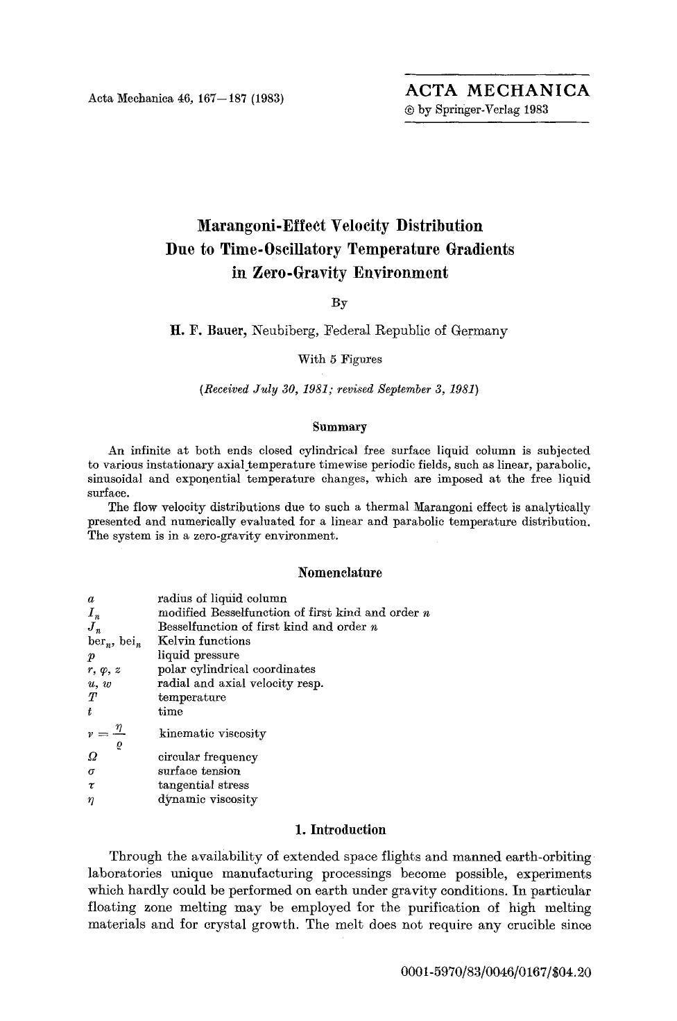 Marangoni-effect velocity distribution due to time-oscillatory temperature gradients in zero-gravity environment by Unknown