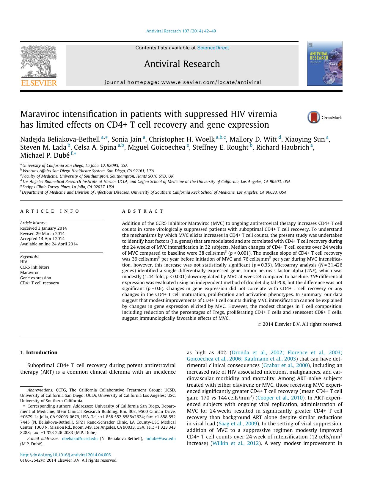 Maraviroc intensification in patients with suppressed HIV viremia has limited effects on CD4+ T cell recovery and gene expression by unknow