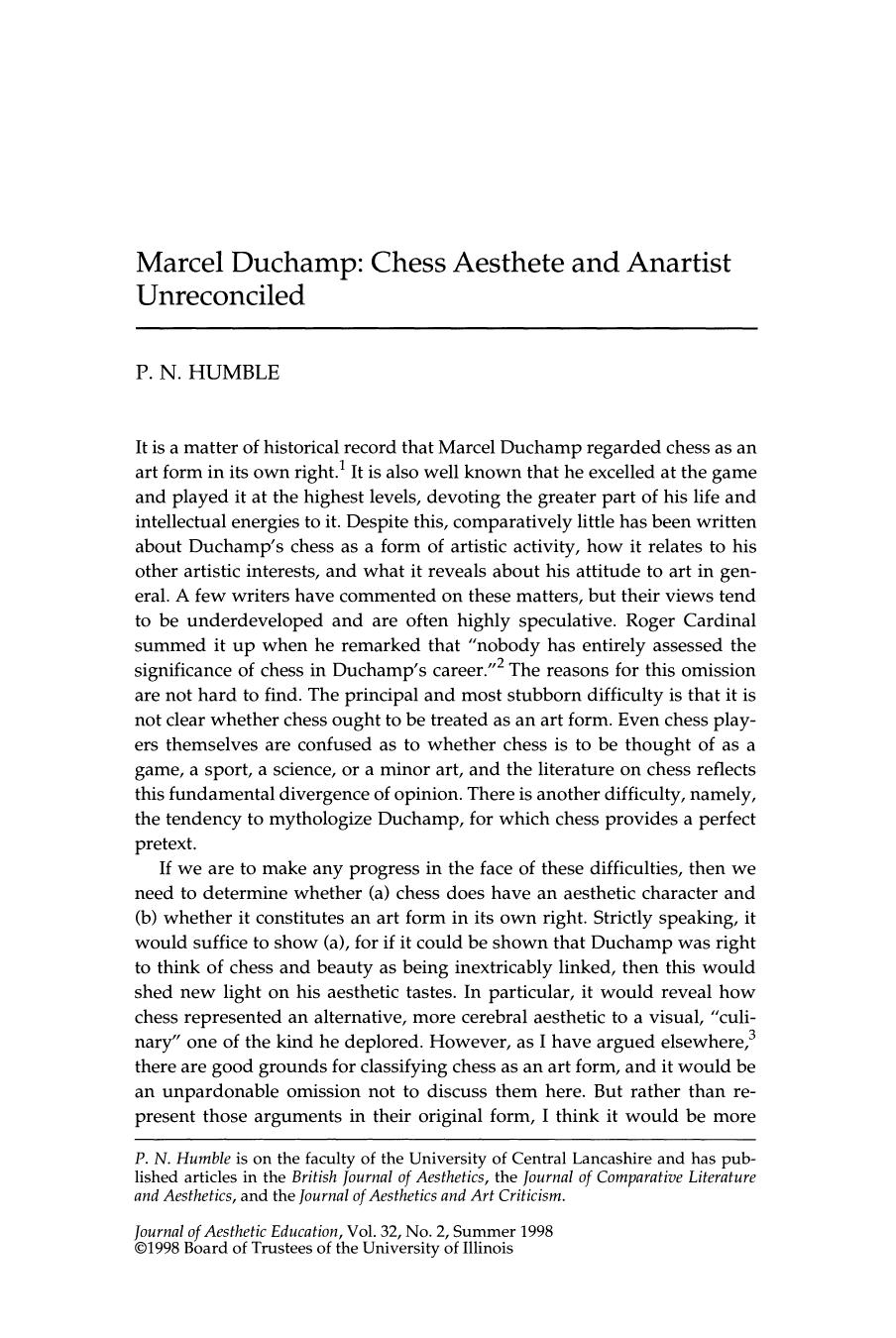 Marcel Duchamp - Chess Aesthete and Anartist Unreconciled by P N Humble