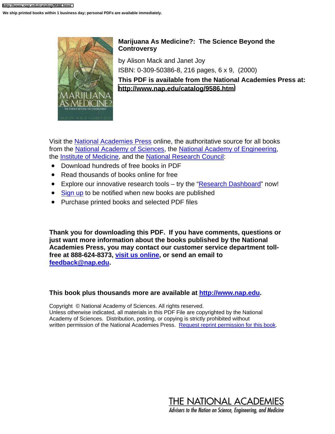 Marijuana as Medicine: The Science Beyond the Controversy by Alison Mack Janet Joy