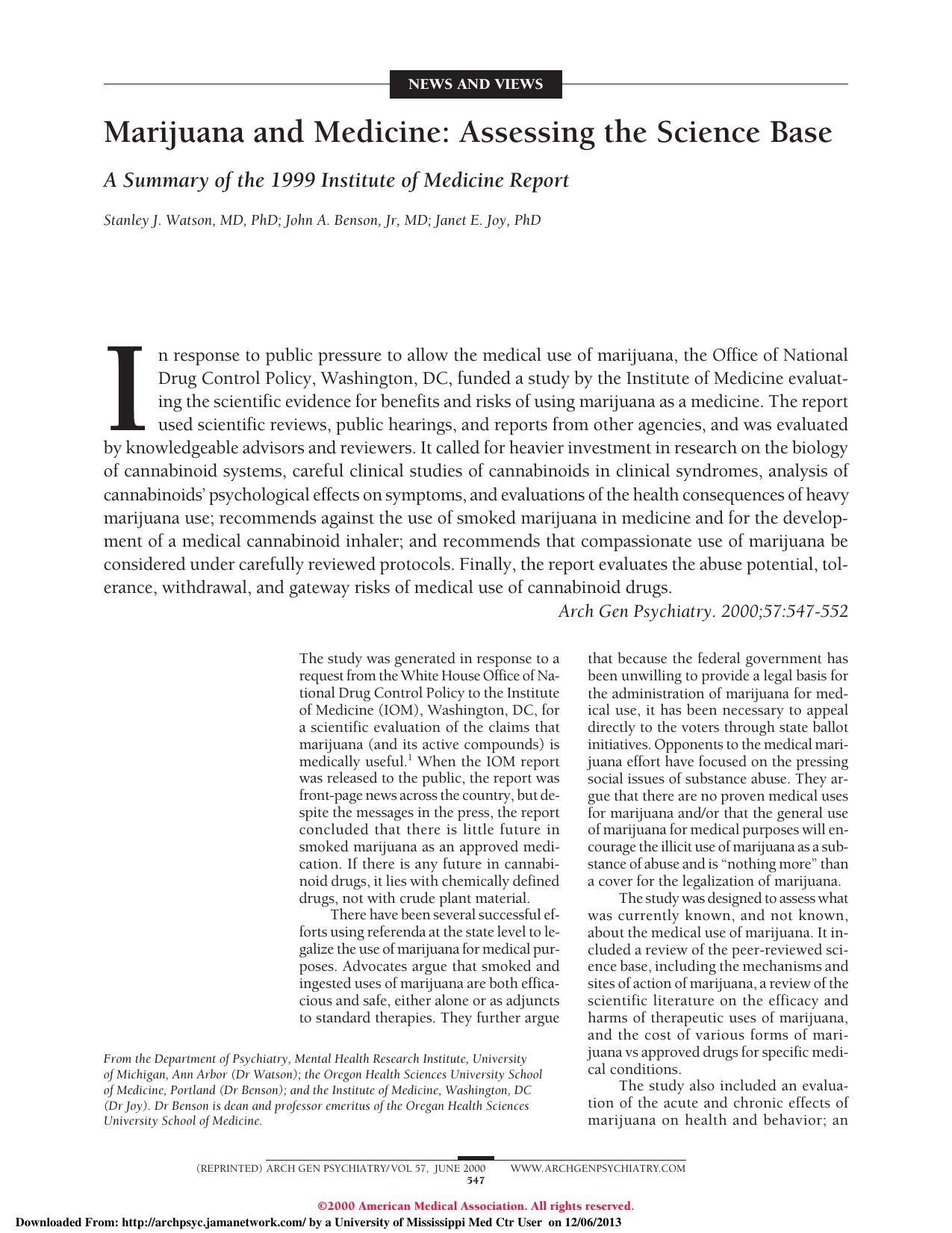 Marijuana as medicine by assessing the science base