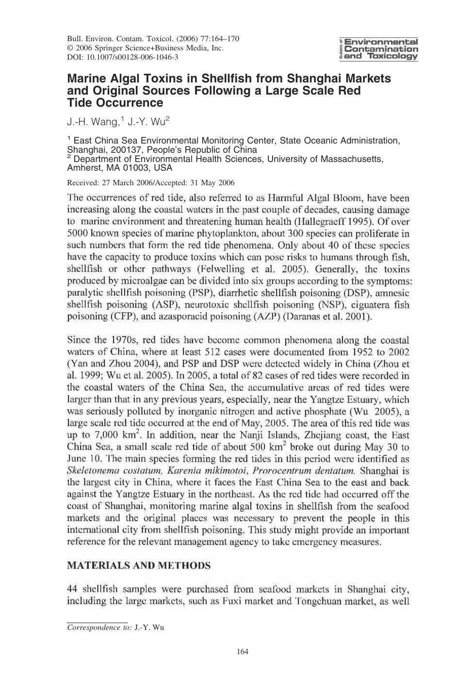 Marine Algal Toxins in Shellfish from Shanghai Markets and Original Sources Following a Large Scale Red Tide Occurrence by Wang & J.-H. & et al