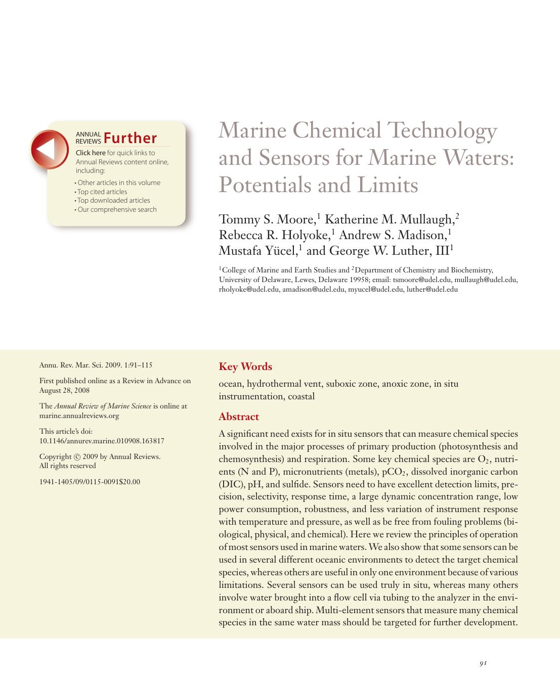 Marine Chemical Technology and Sensors for Marine Waters: Potentials and Limits by unknow