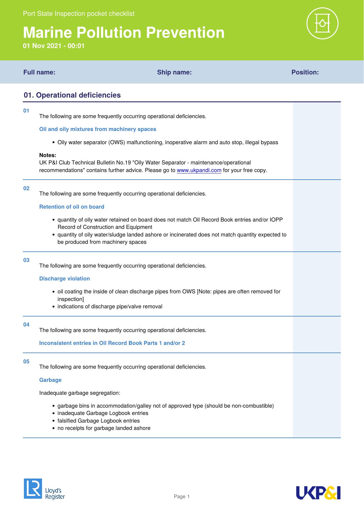Marine Pollution Prevention Pocket Checklist by Lloyd’s Register and UK P&&I Club
