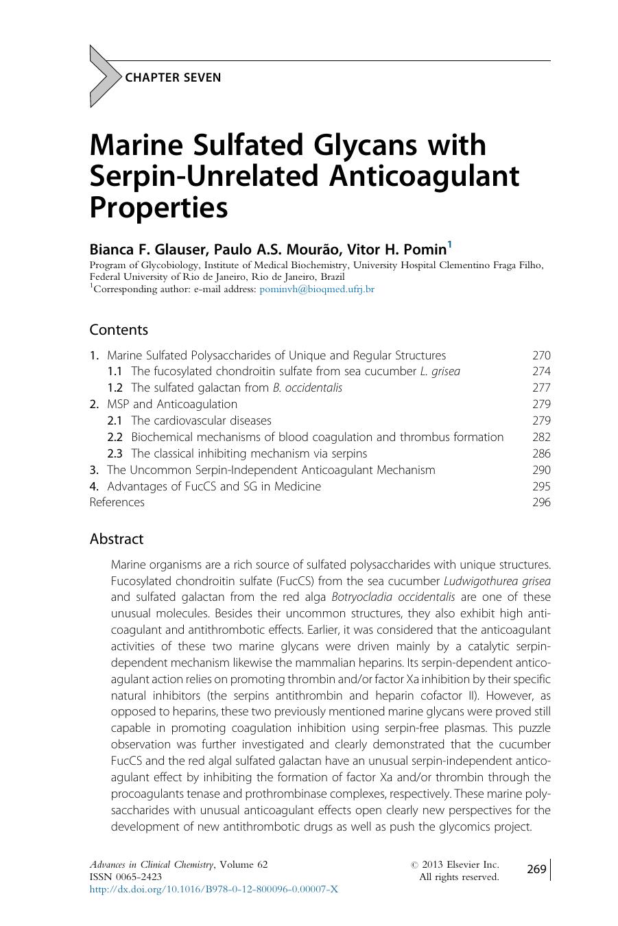 Marine Sulfated Glycans with Serpin-Unrelated Anticoagulant Properties by Bianca F. Glauser & Paulo A.S. Mourão & Vitor H. Pomin