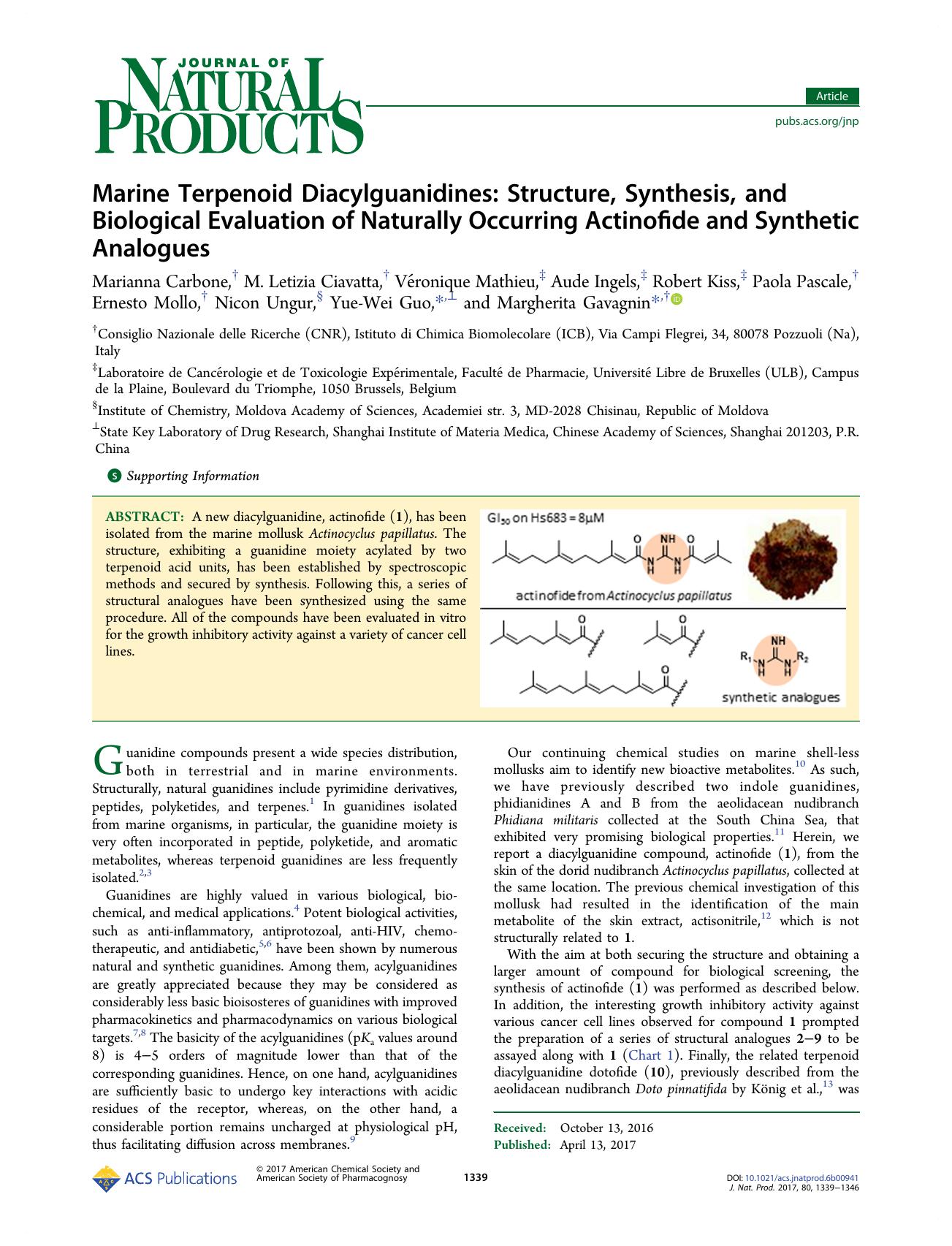 Marine Terpenoid Diacylguanidines: Structure, Synthesis, and Biological Evaluation of Naturally Occurring Actinofide and Synthetic Analogues by unknow