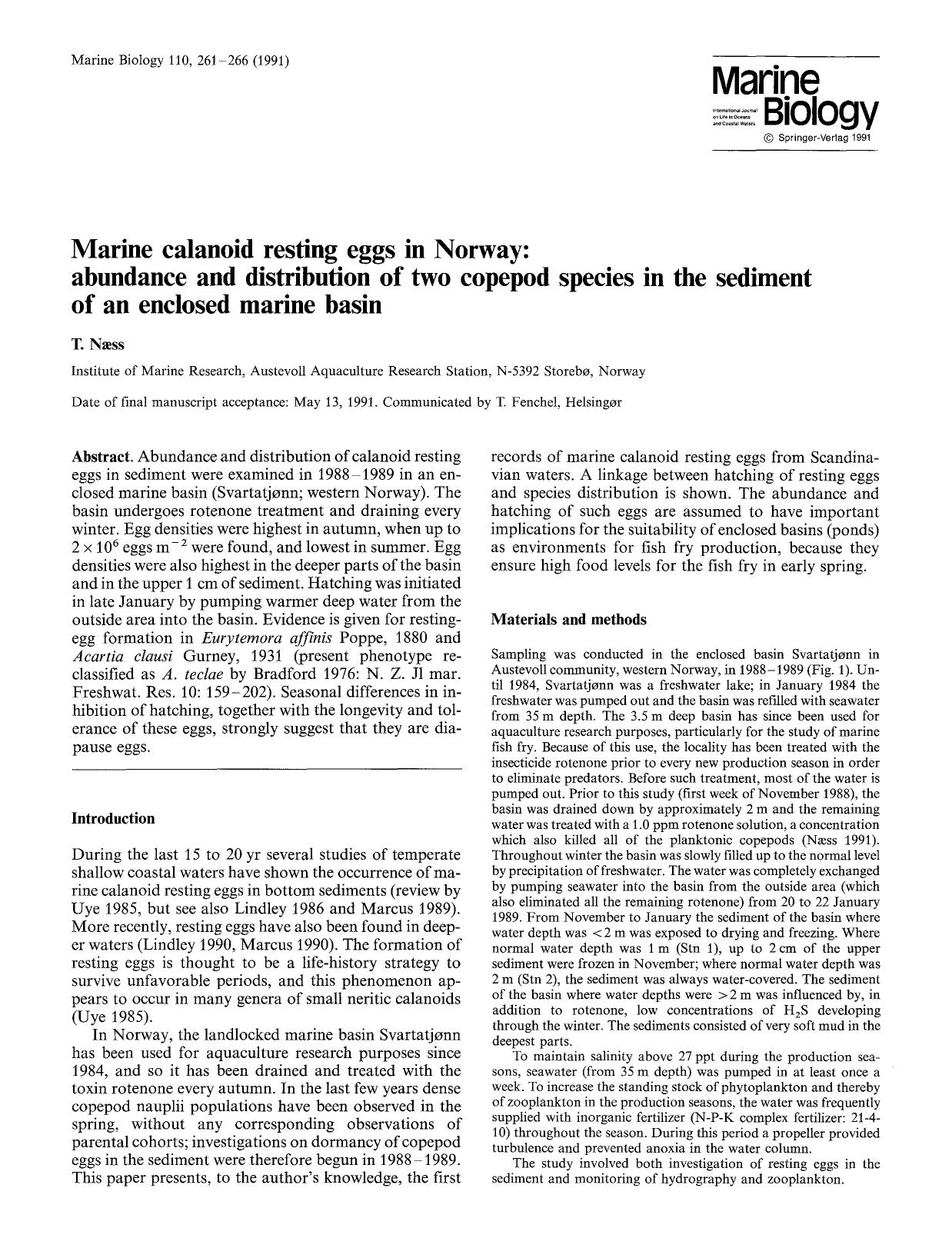 Marine calanoid resting eggs in Norway: Abundance and distribution of two copepod species in the sediment of an enclosed marine basin by Unknown