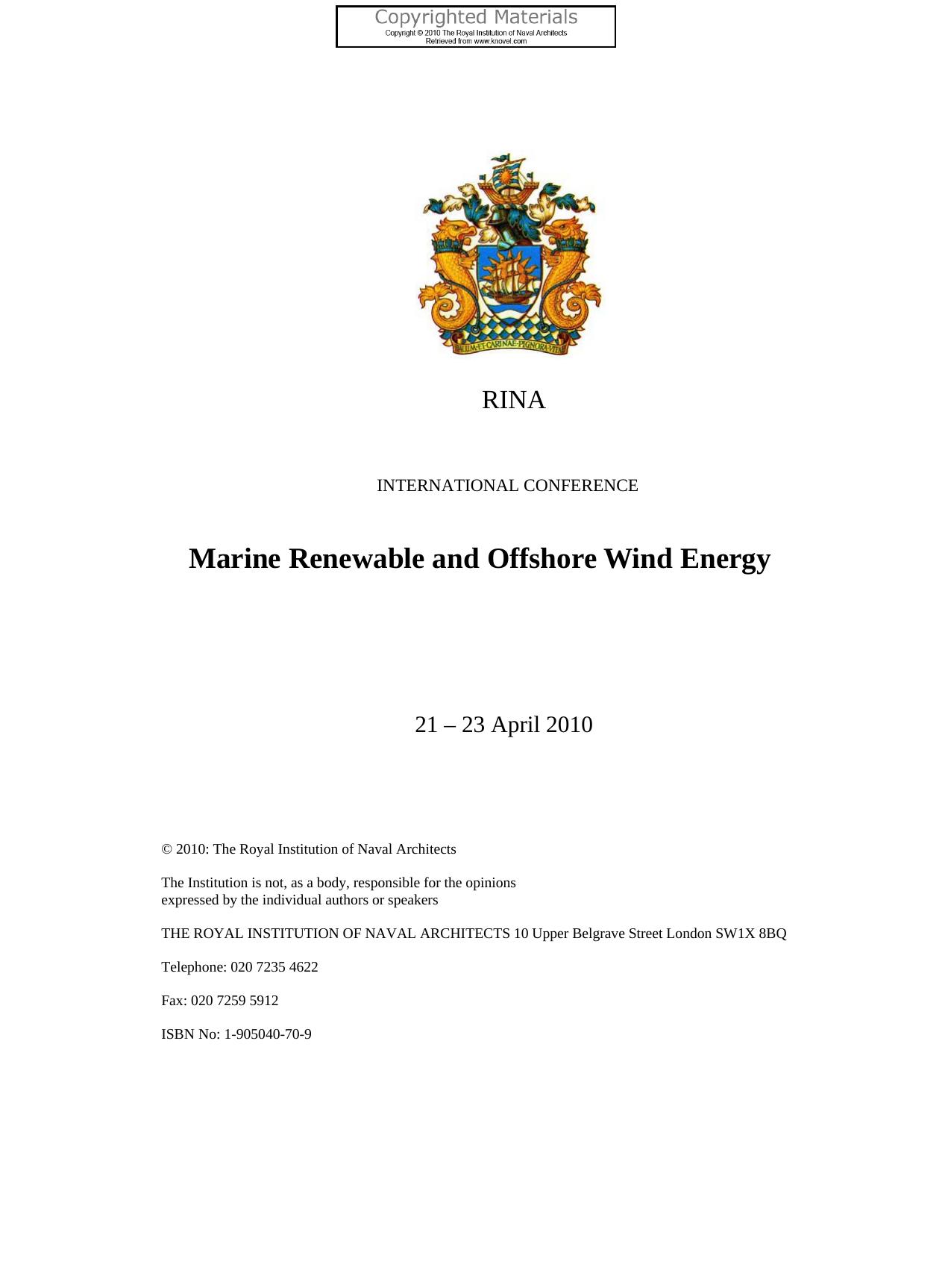 Marine renewable and offshore wind energy : 21 - 23 April 2010, [London, UK ; papers] by Royal Institution of Naval Architects