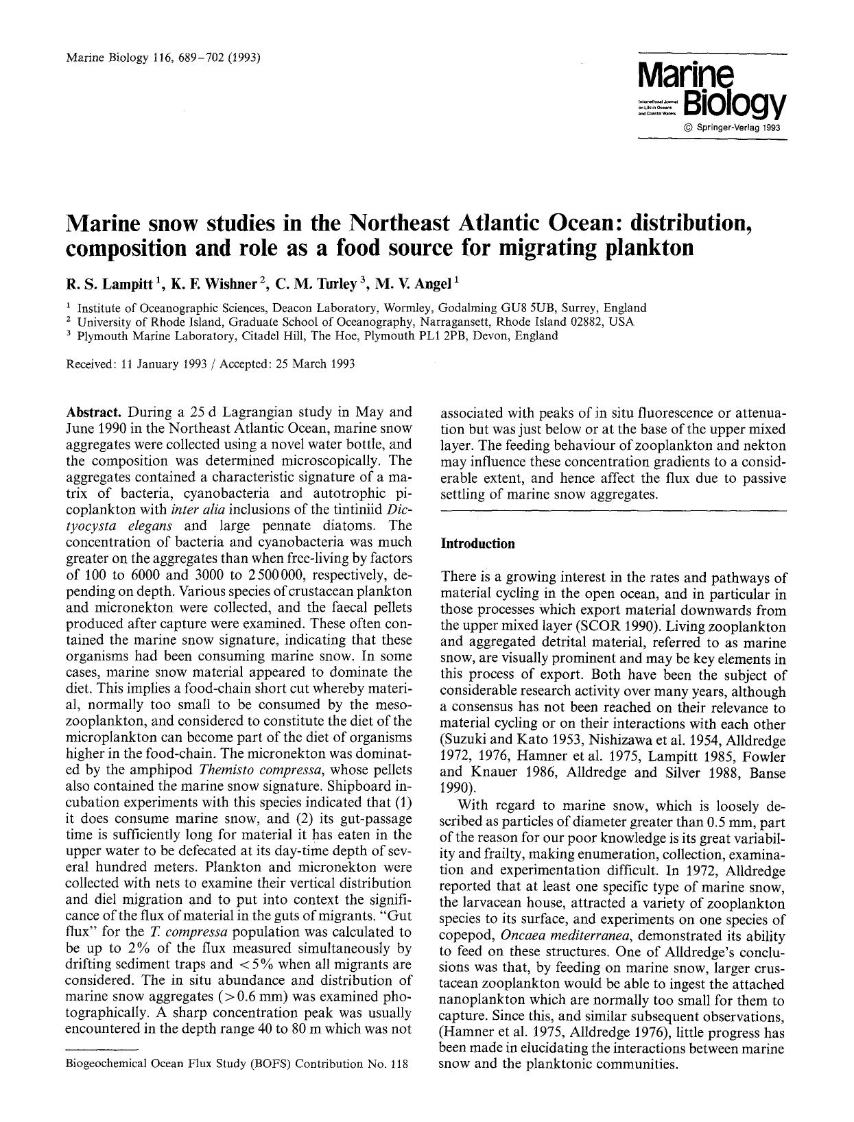 Marine snow studies in the Northeast Atlantic Ocean: distribution, composition and role as a food source for migrating plankton by Unknown