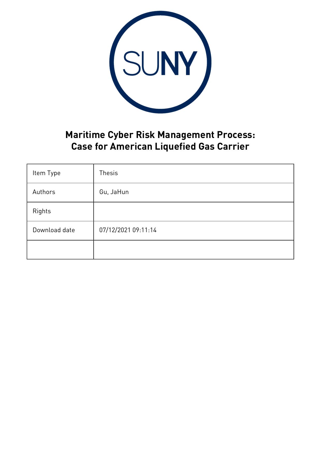 Maritime Cyber Risk Management: Case for American Liquefied Gas Carrier by JaHun Gu