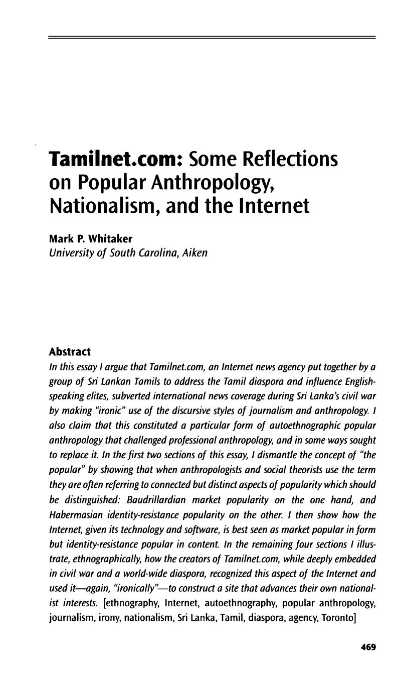 Mark P. Whitaker by Tamilnet Some Reflections On Popular Anthropology Nationalism & The Internet