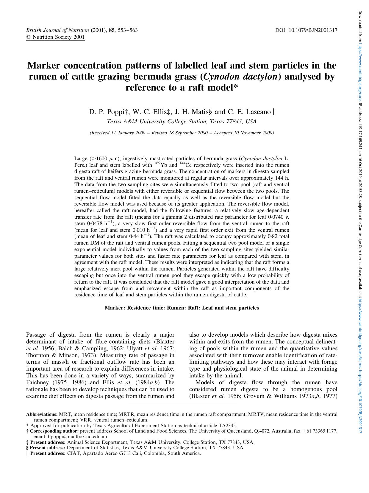 Marker concentration patterns of labelled leaf and stem particles in the rumen of cattle grazing bermuda grass ( Cynodon dactylon) analysed by reference to a raft model by D. P. Poppi W. C. Ellis J. H. Matis C. E. Lascano