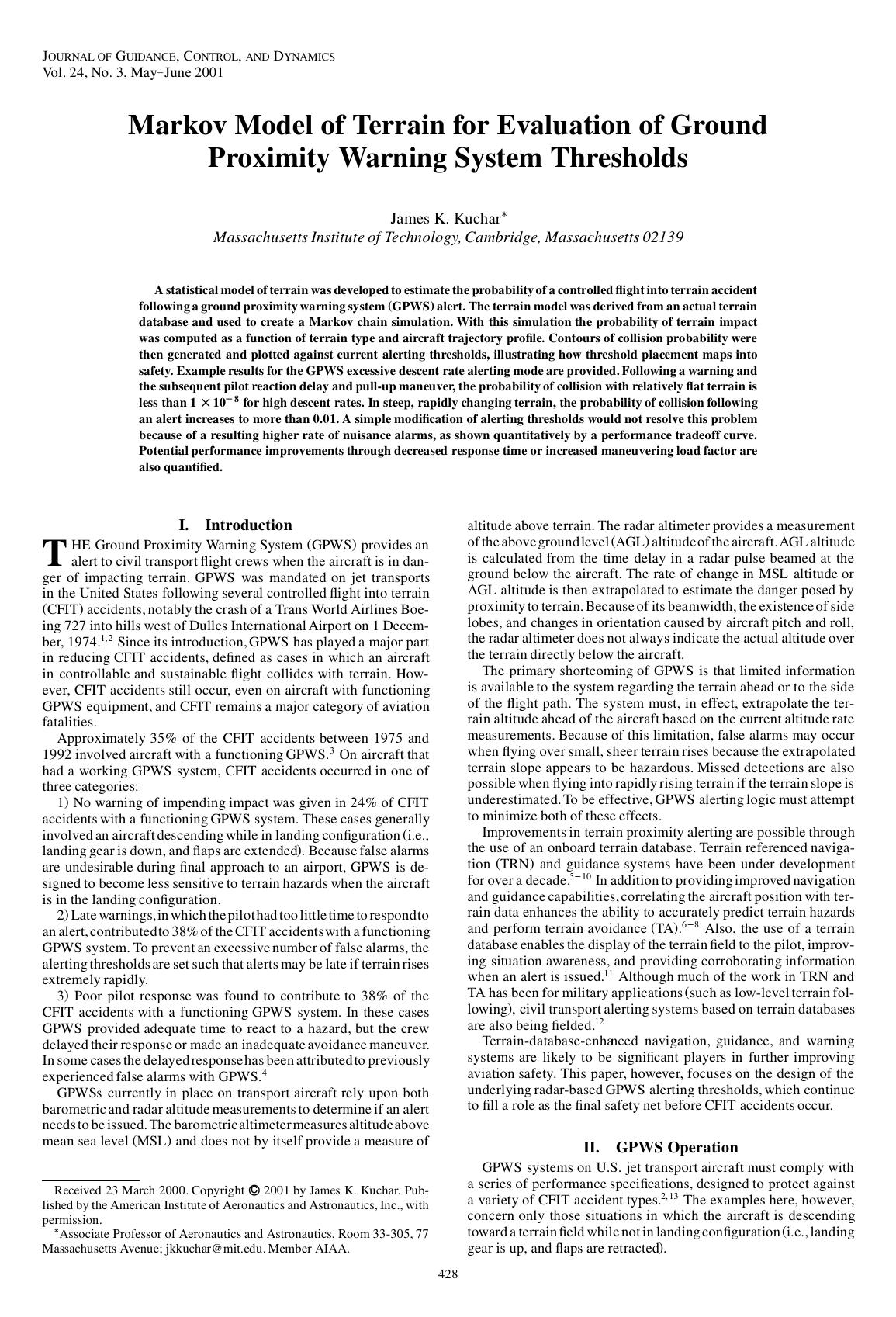Markov Model of Terrain for Evaluation of Ground Proximity Warning System Thresholds by Unknown