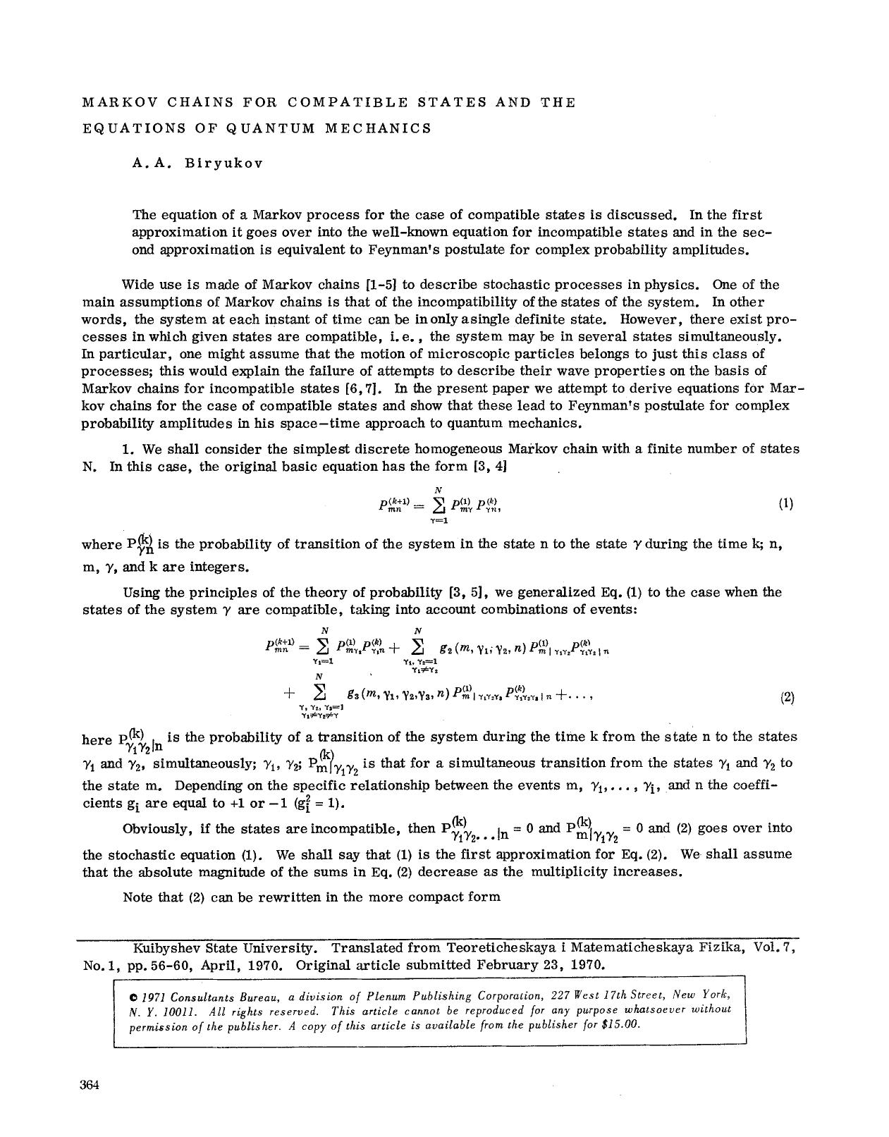 Markov chains for compatible states and the equations of quantum mechanics by Unknown