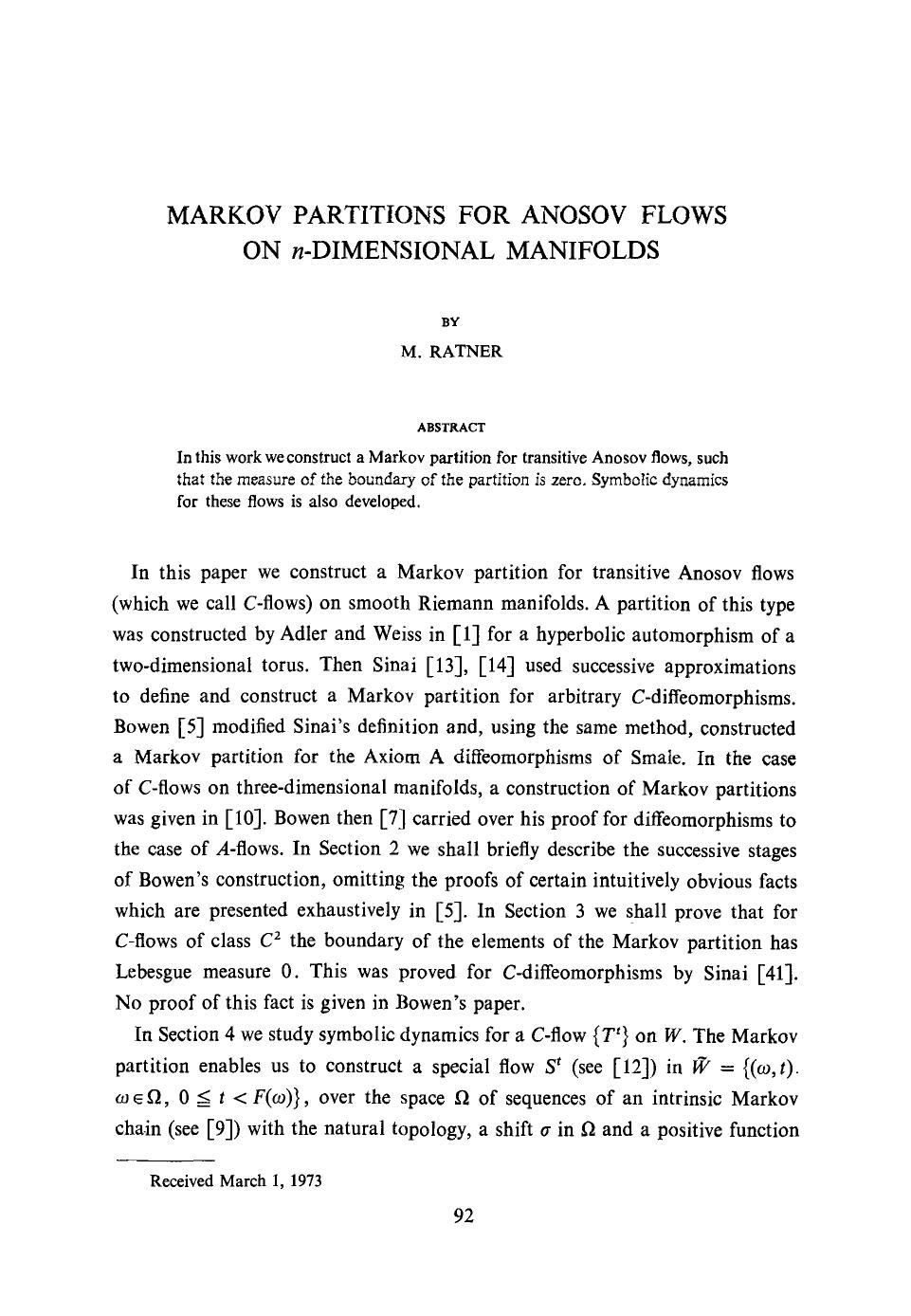 Markov partitions for anosov flows on <Emphasis Type="Italic">n <Emphasis>-dimensional manifolds by Unknown