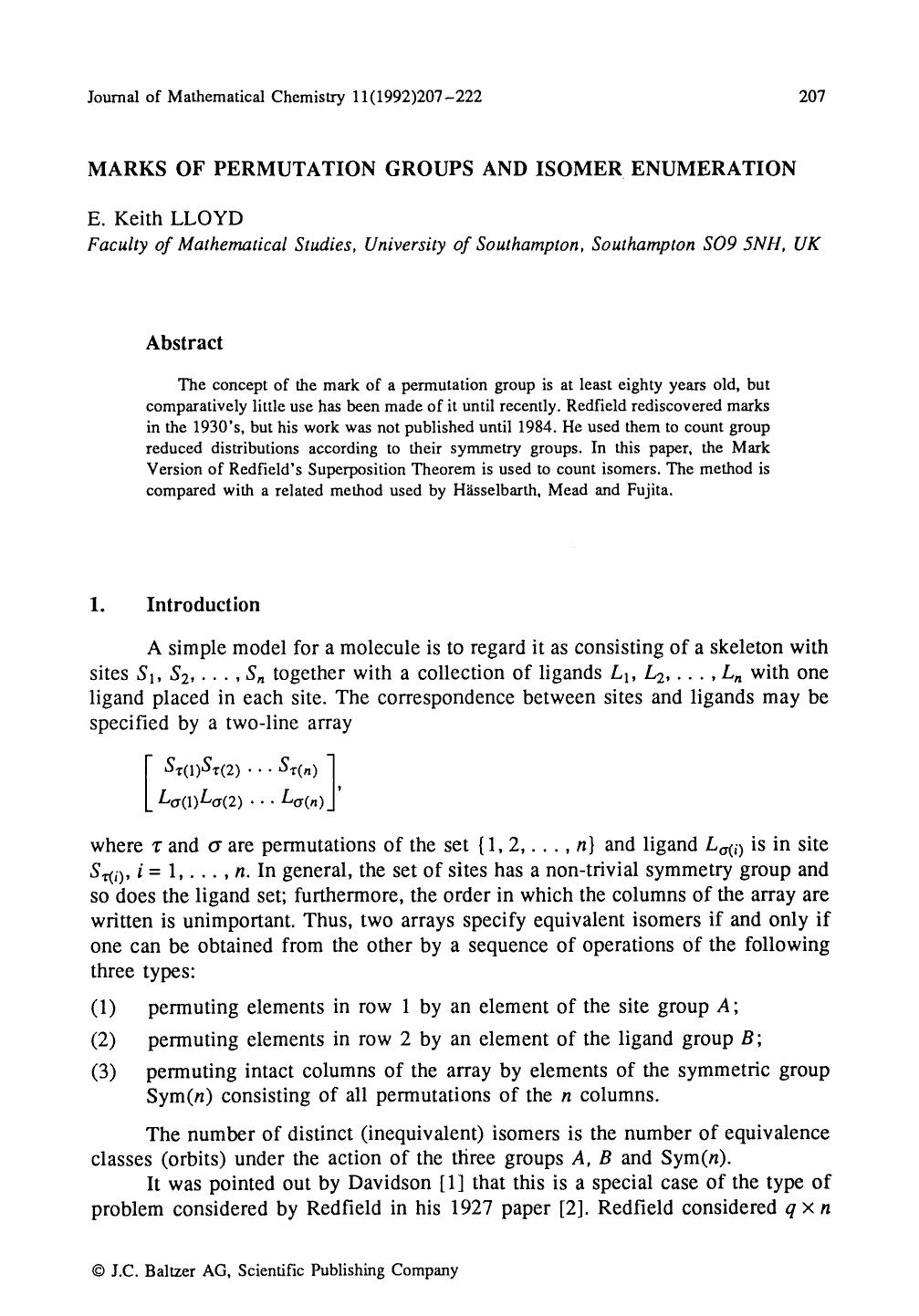 Marks of permutation groups and isomer enumeration by Unknown