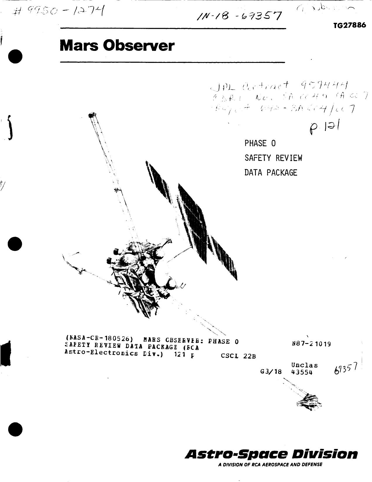 Mars Observer : National Aeronautics and Space Administration/Space Transportation System Phase O Safety Review Data Package by United States. National Aeronautics and Space Administration