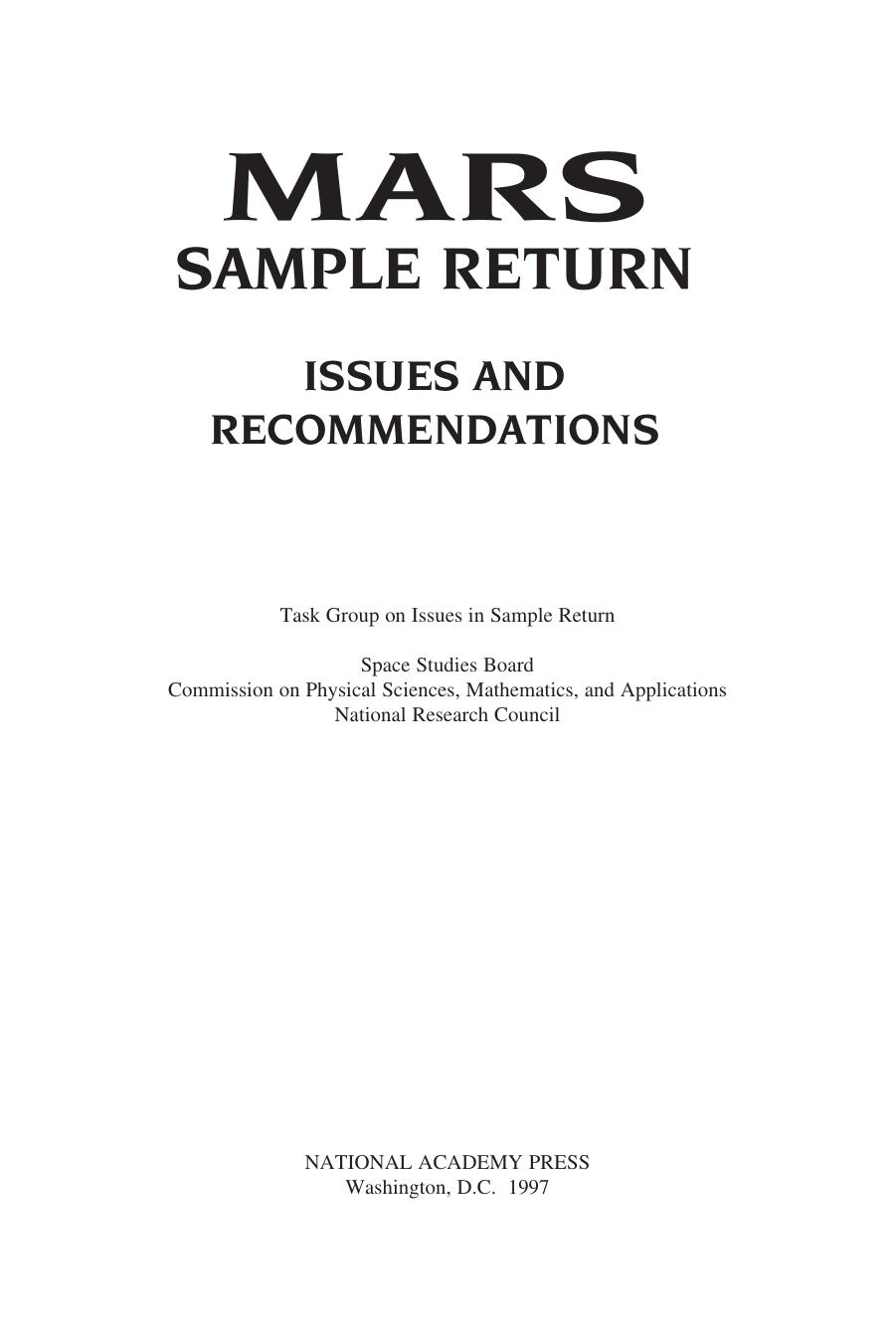 Mars Sample Return: Issues and Recommendations (The compass series) by Unknow