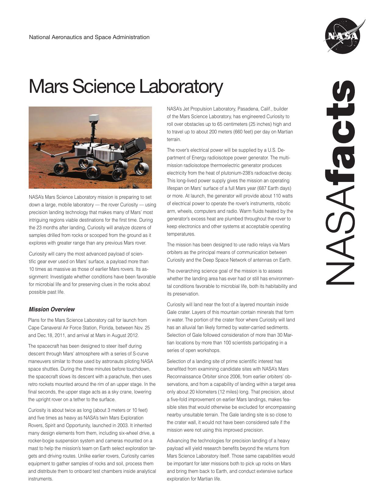 Mars Science Laboratory : draft environmental impact statement (DEIS) [fact sheet] by United States. National Aeronautics and Space Administration. Science Mission Directorate